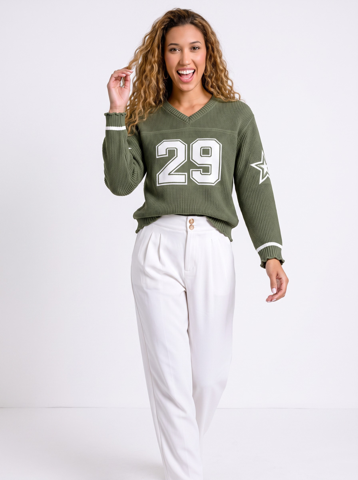 Fieldstar 29 V-Neck Varsity Knit Sweater - Olive by Cord Cult - styled view