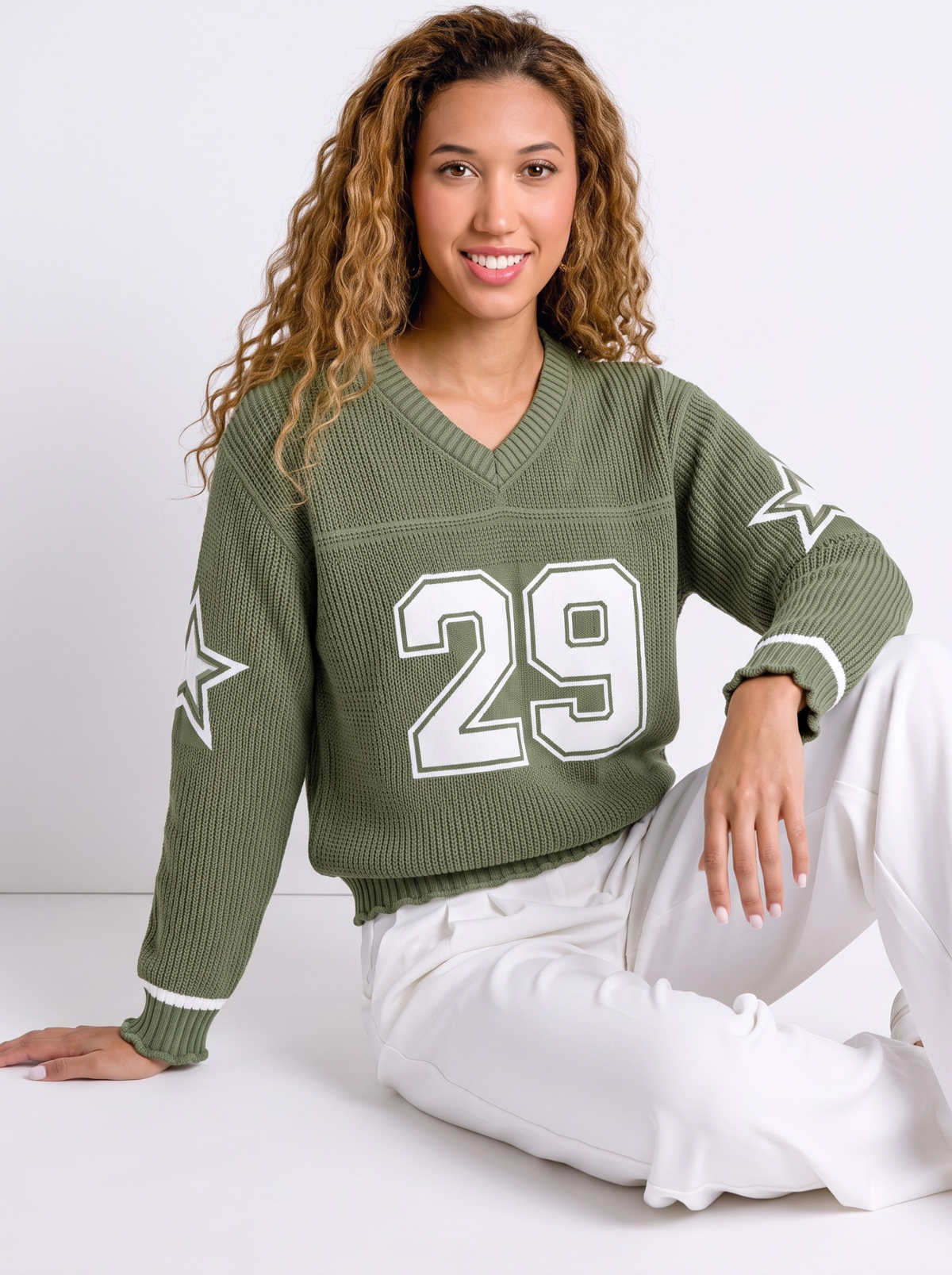 Fieldstar 29 V-Neck Varsity Knit Sweater - Olive by Cord Cult - full-length view