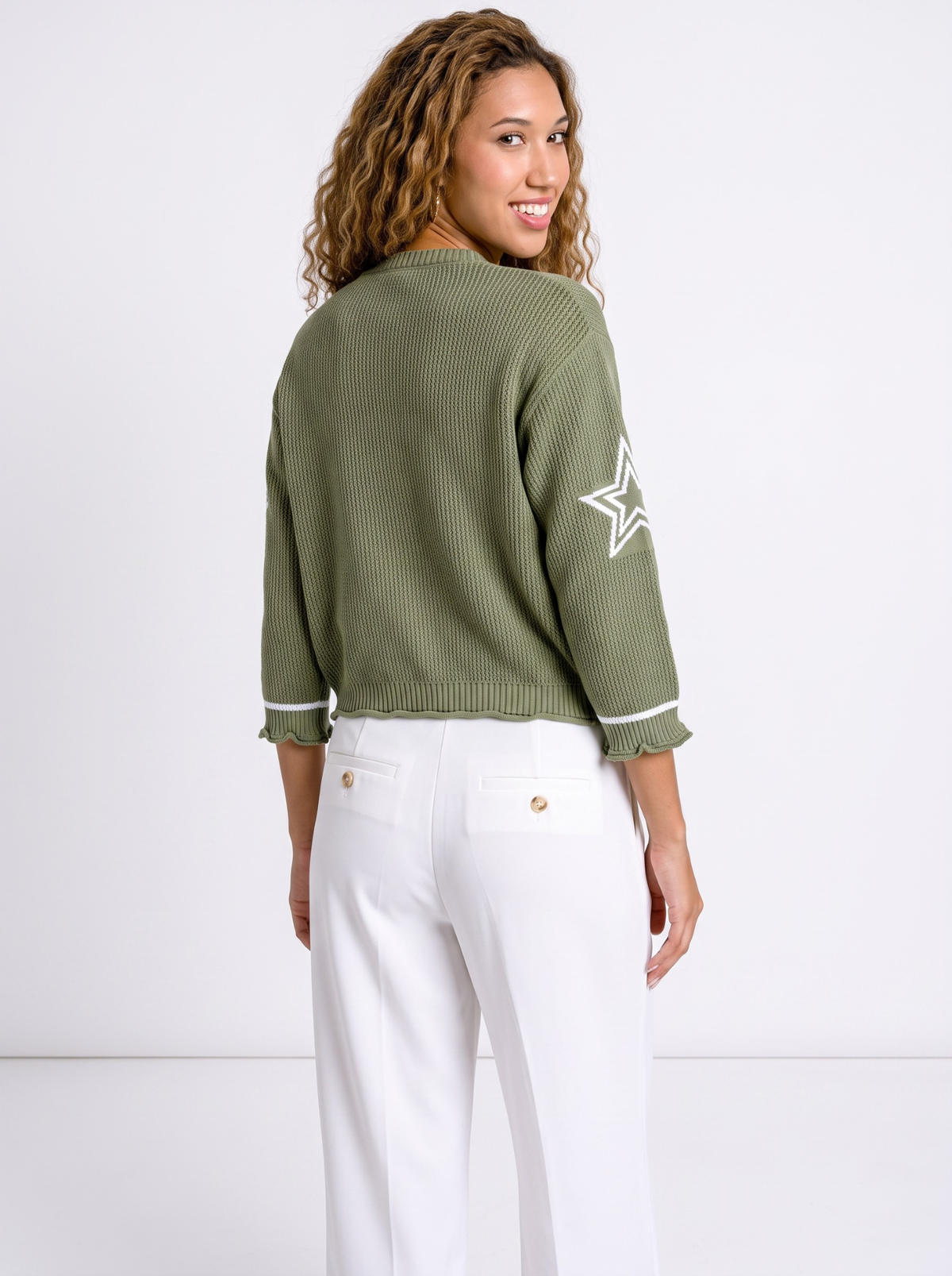 Fieldstar 29 V-Neck Varsity Knit Sweater - Olive by Cord Cult - back view