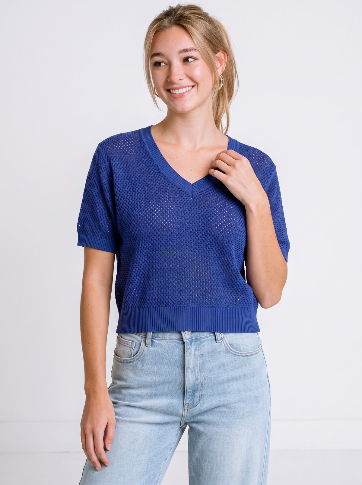 Indigo Meshline V-Neck Knit Crop Top by Cord Cult - on-model view