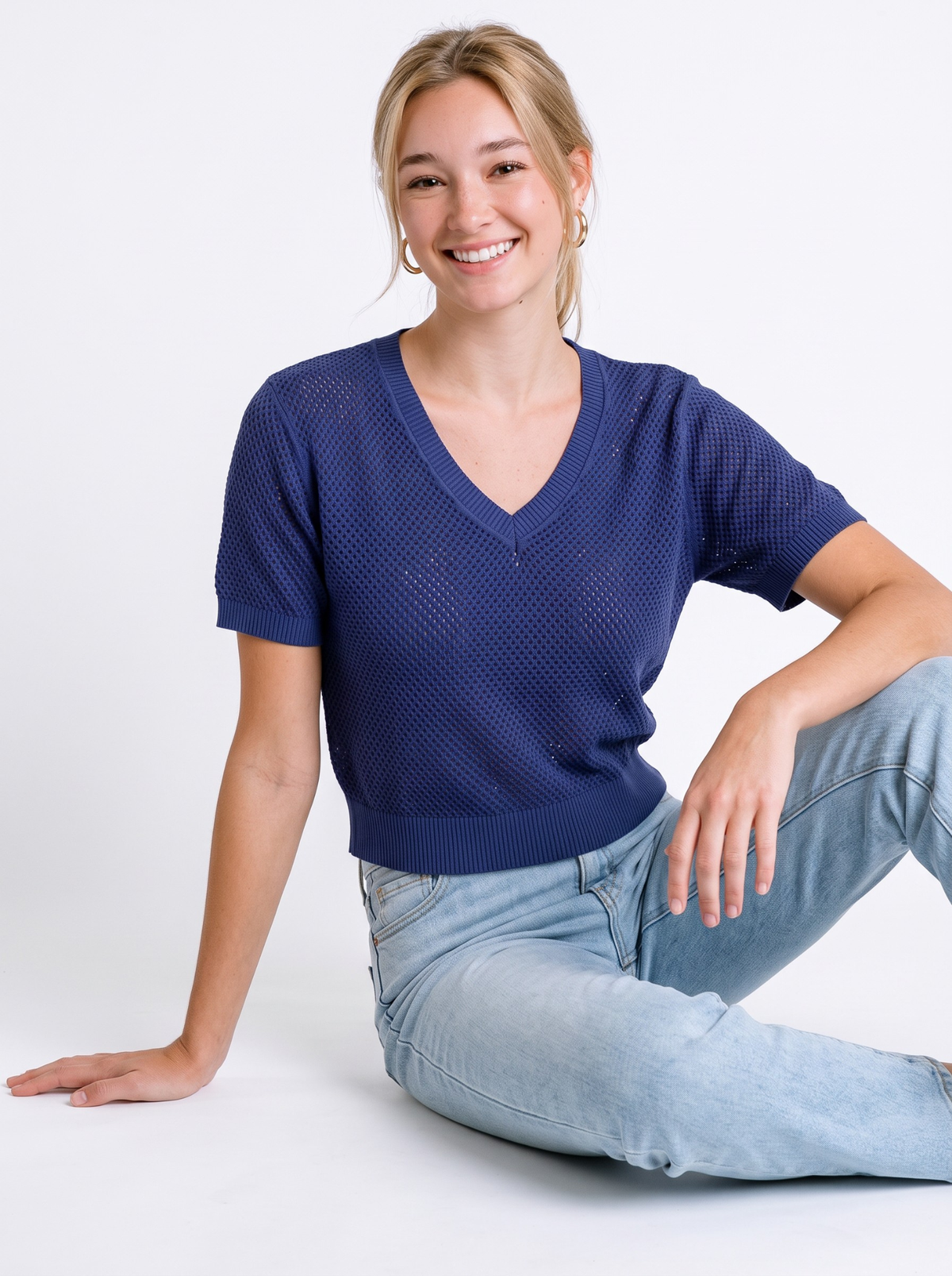 Indigo Meshline V-Neck Knit Crop Top by Cord Cult - styled view
