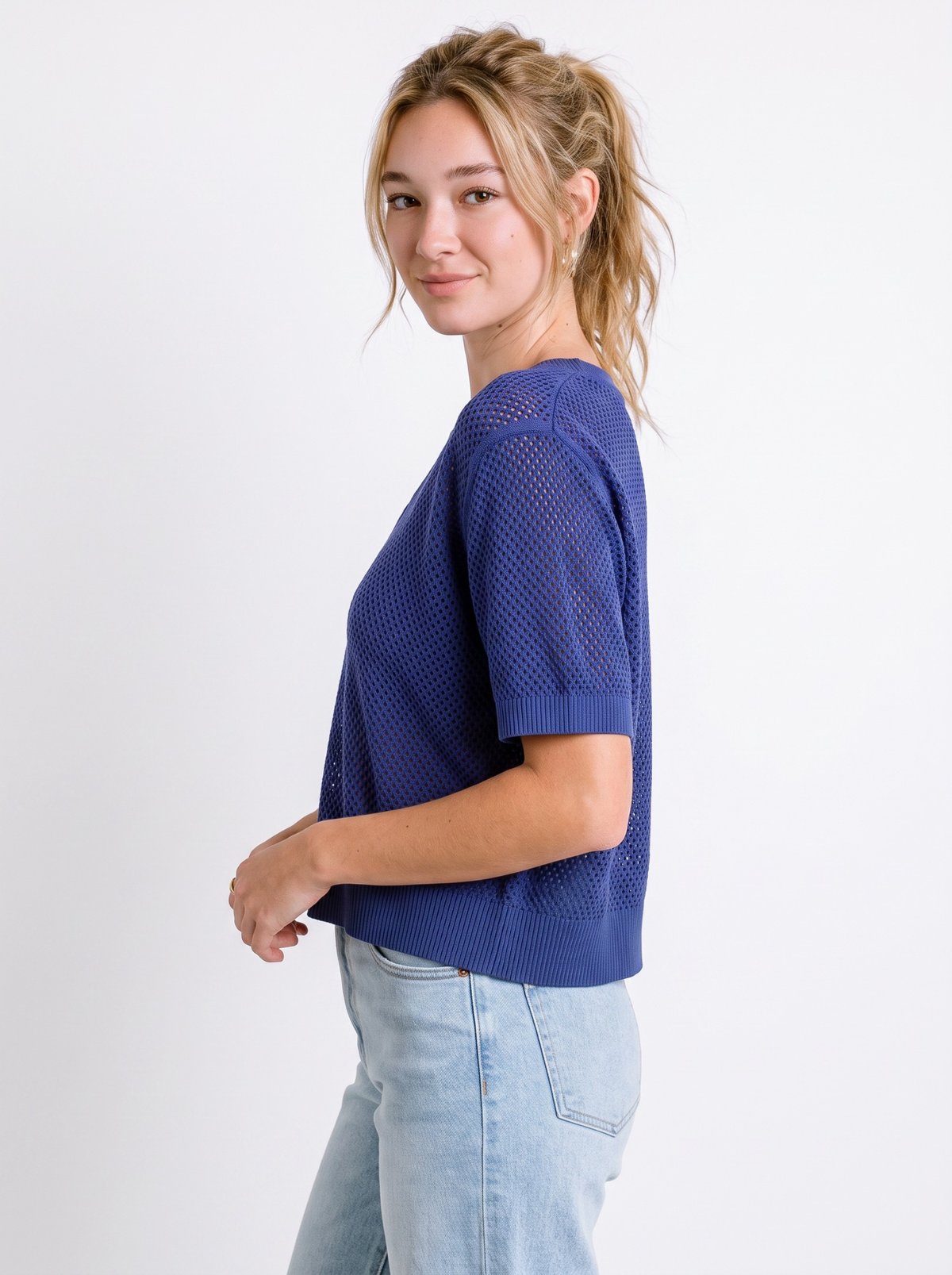 Indigo Meshline V-Neck Knit Crop Top by Cord Cult - side view