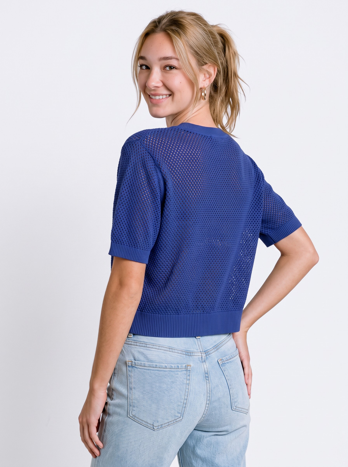 Indigo Meshline V-Neck Knit Crop Top by Cord Cult - back view