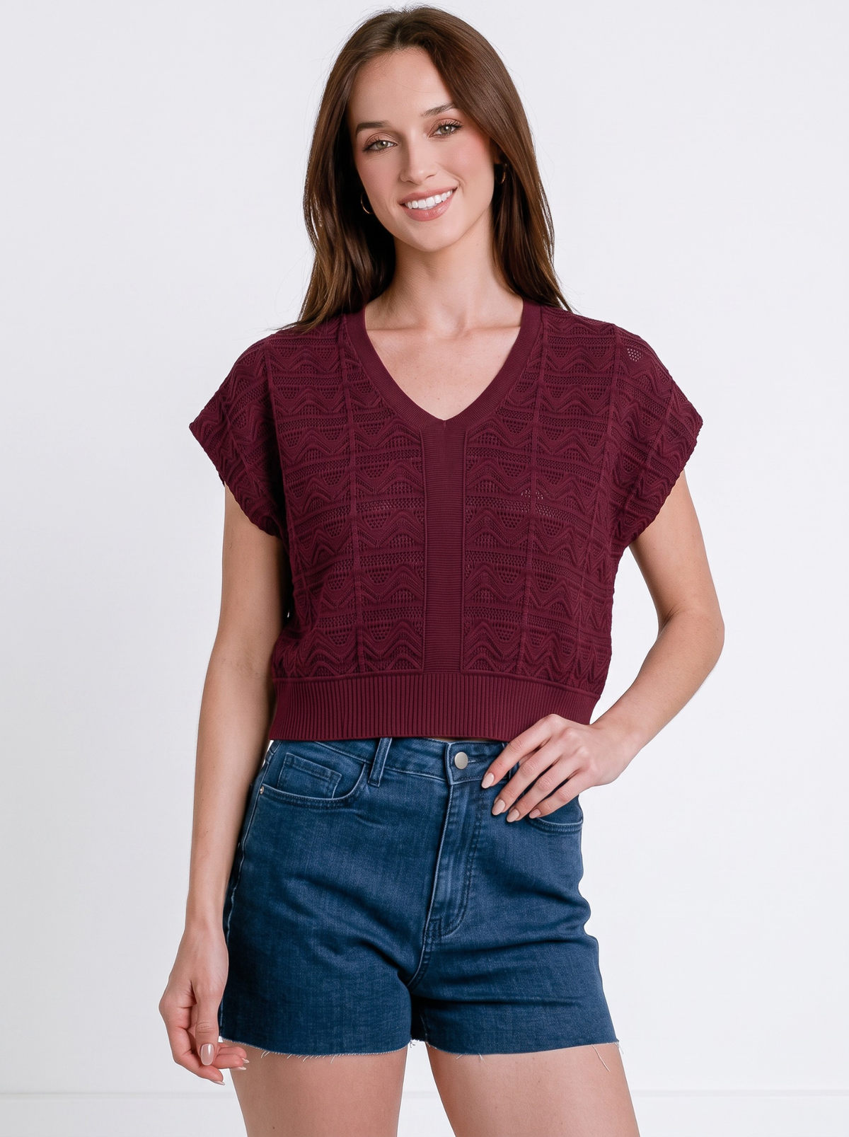 Merlot Wave V-Neck Knit Crop Top by Cord Cult - on-model view