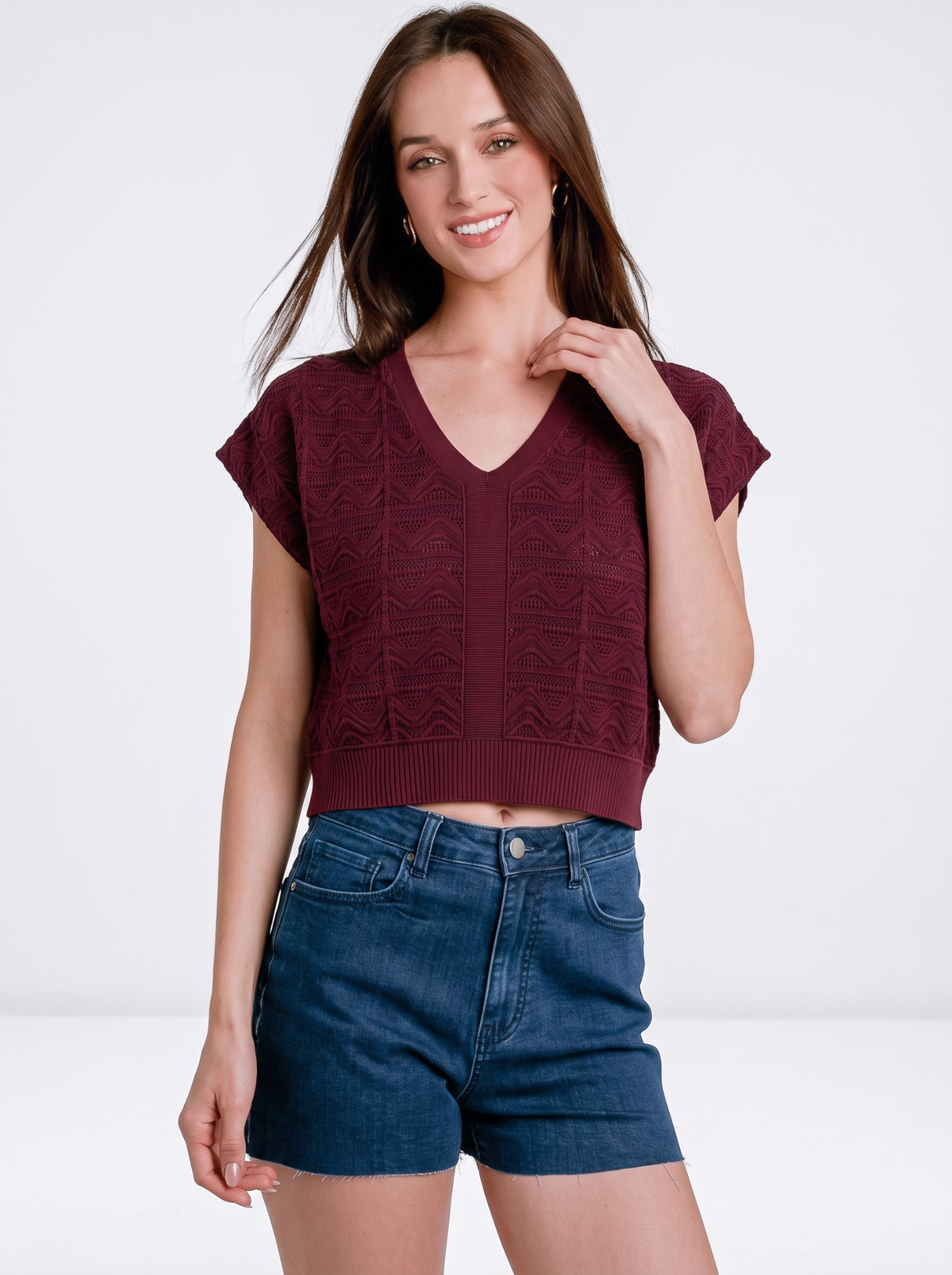 Merlot Wave V-Neck Knit Crop Top by Cord Cult - side view