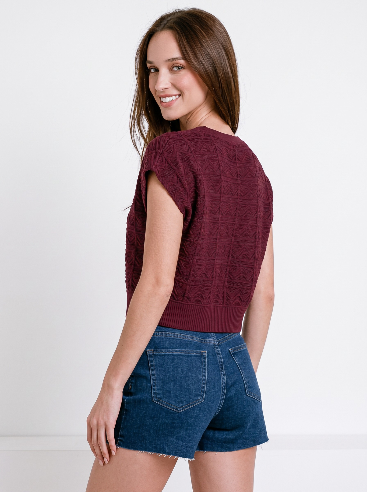 Merlot Wave V-Neck Knit Crop Top by Cord Cult - back view