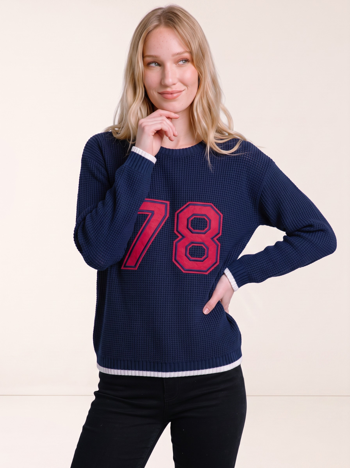Midnight 78 Varsity Knit Sweater by Cord Cult - on-model view
