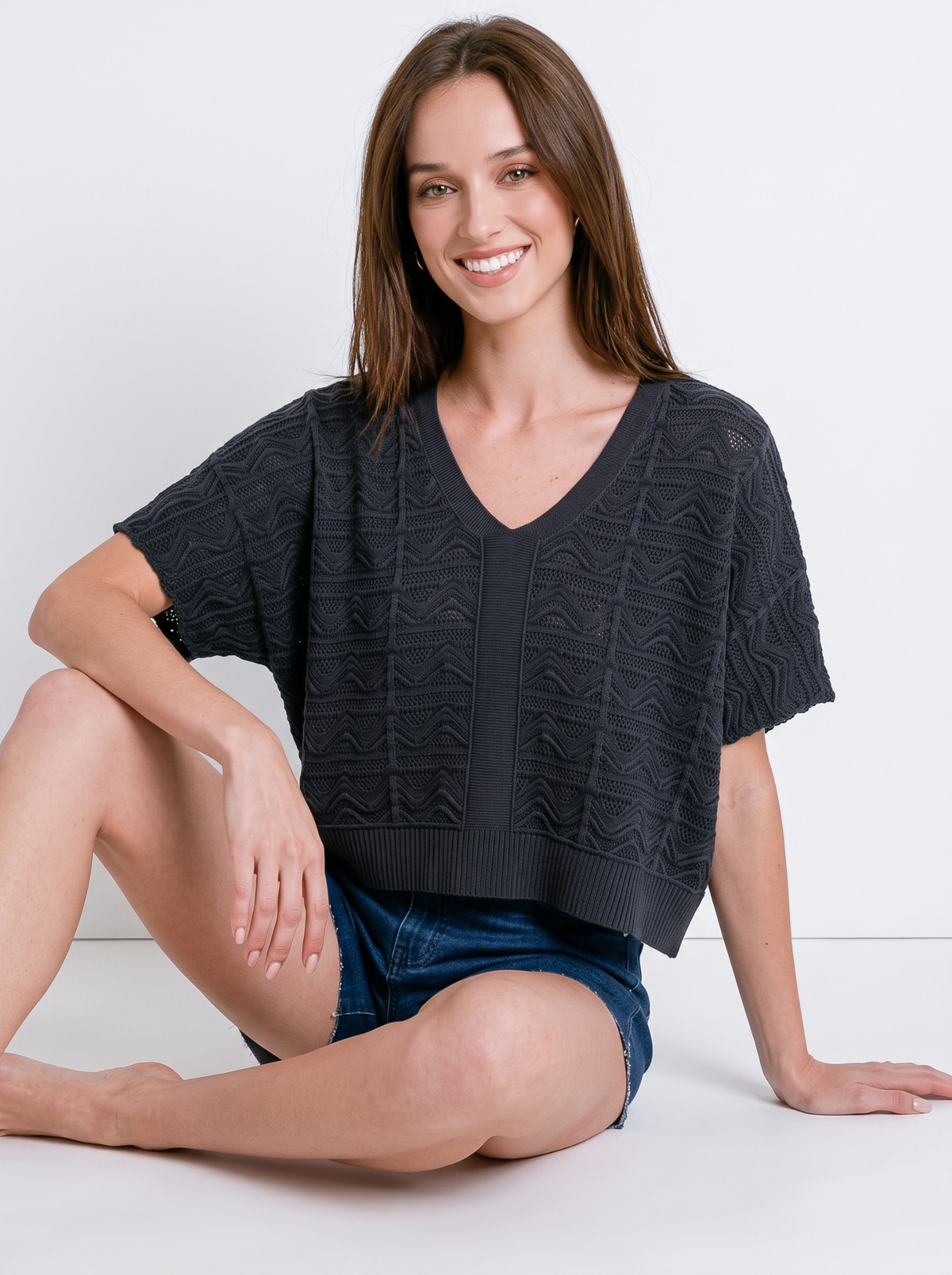 Midnight Noir Textured Knit Crop Top by Cord Cult - styled view