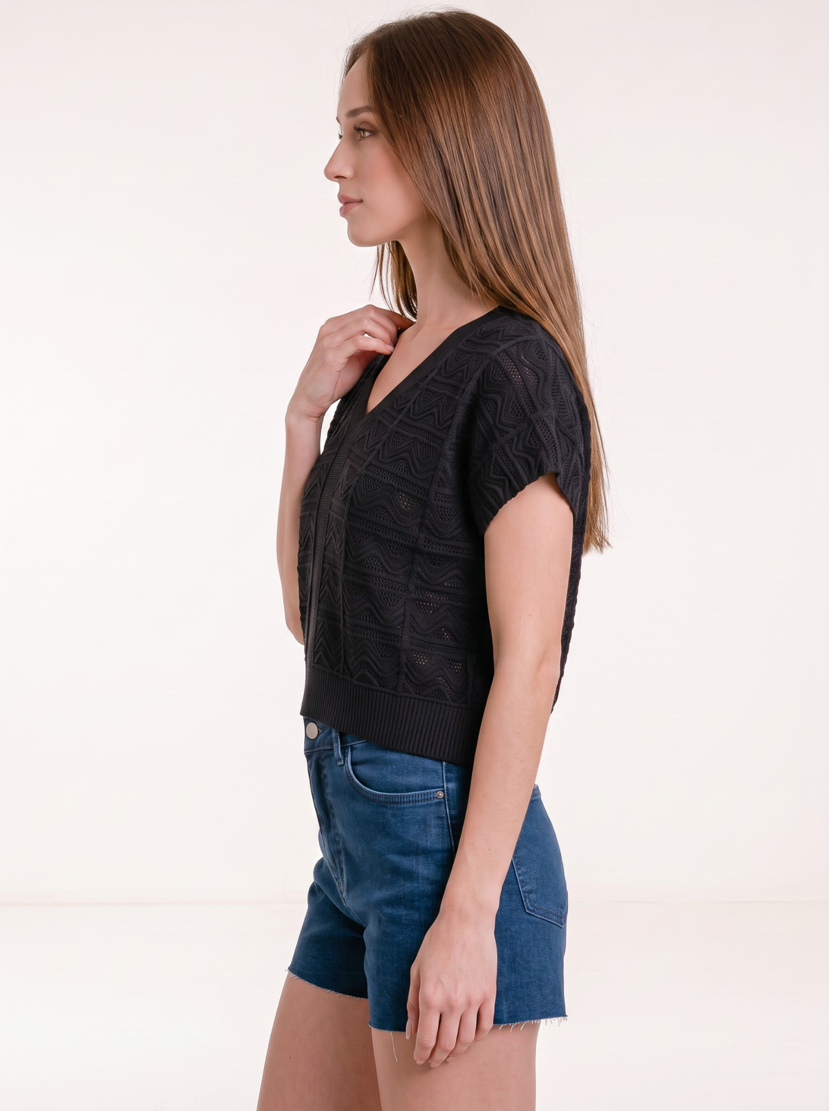 Midnight Noir Textured Knit Crop Top by Cord Cult - side view