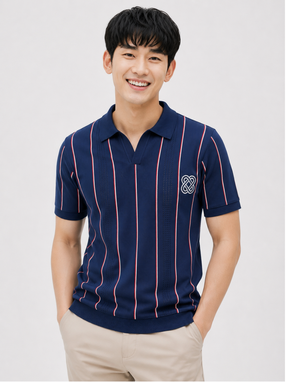 Harbor Vertical Stripe Knit Polo - Navy Blue by Cord Cult - on-model view