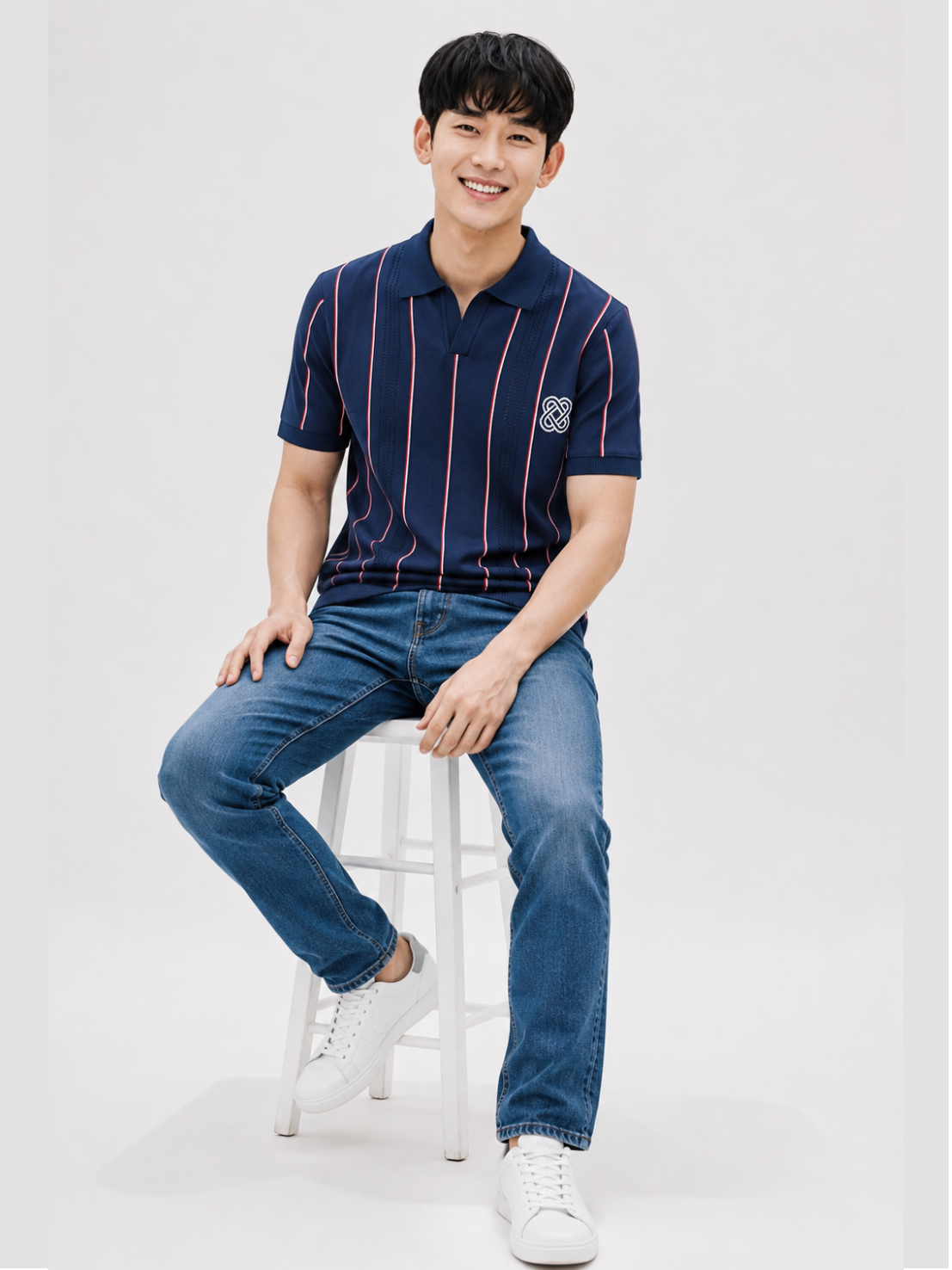 Harbor Vertical Stripe Knit Polo - Navy Blue by Cord Cult - styled view