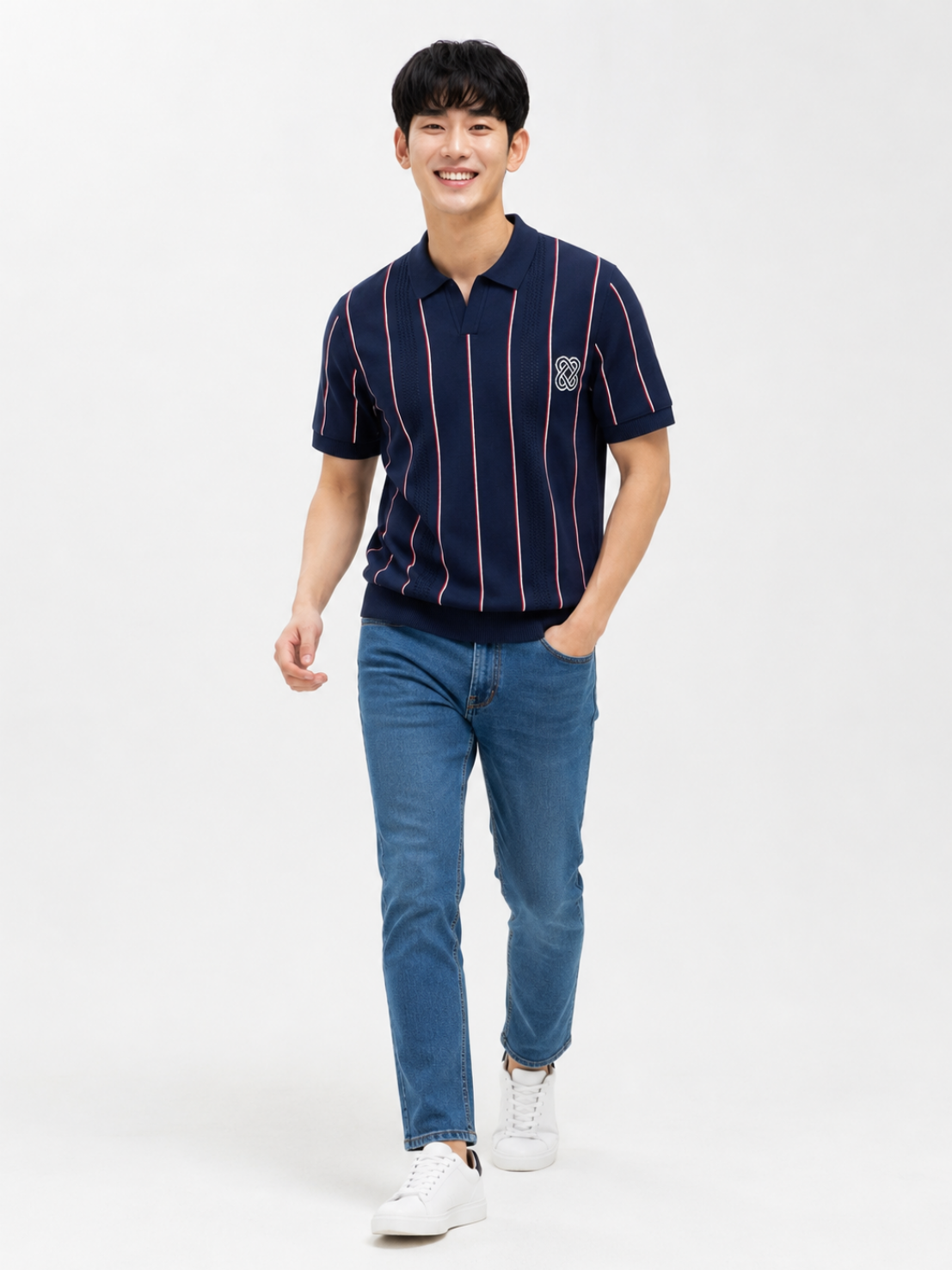 Harbor Vertical Stripe Knit Polo - Navy Blue by Cord Cult - side view