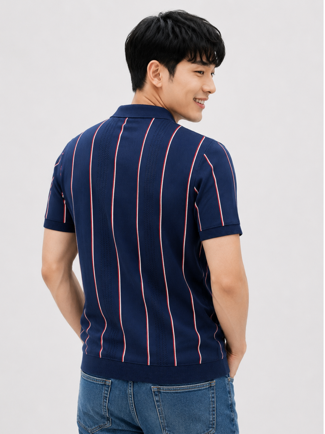 Harbor Vertical Stripe Knit Polo - Navy Blue by Cord Cult - back view