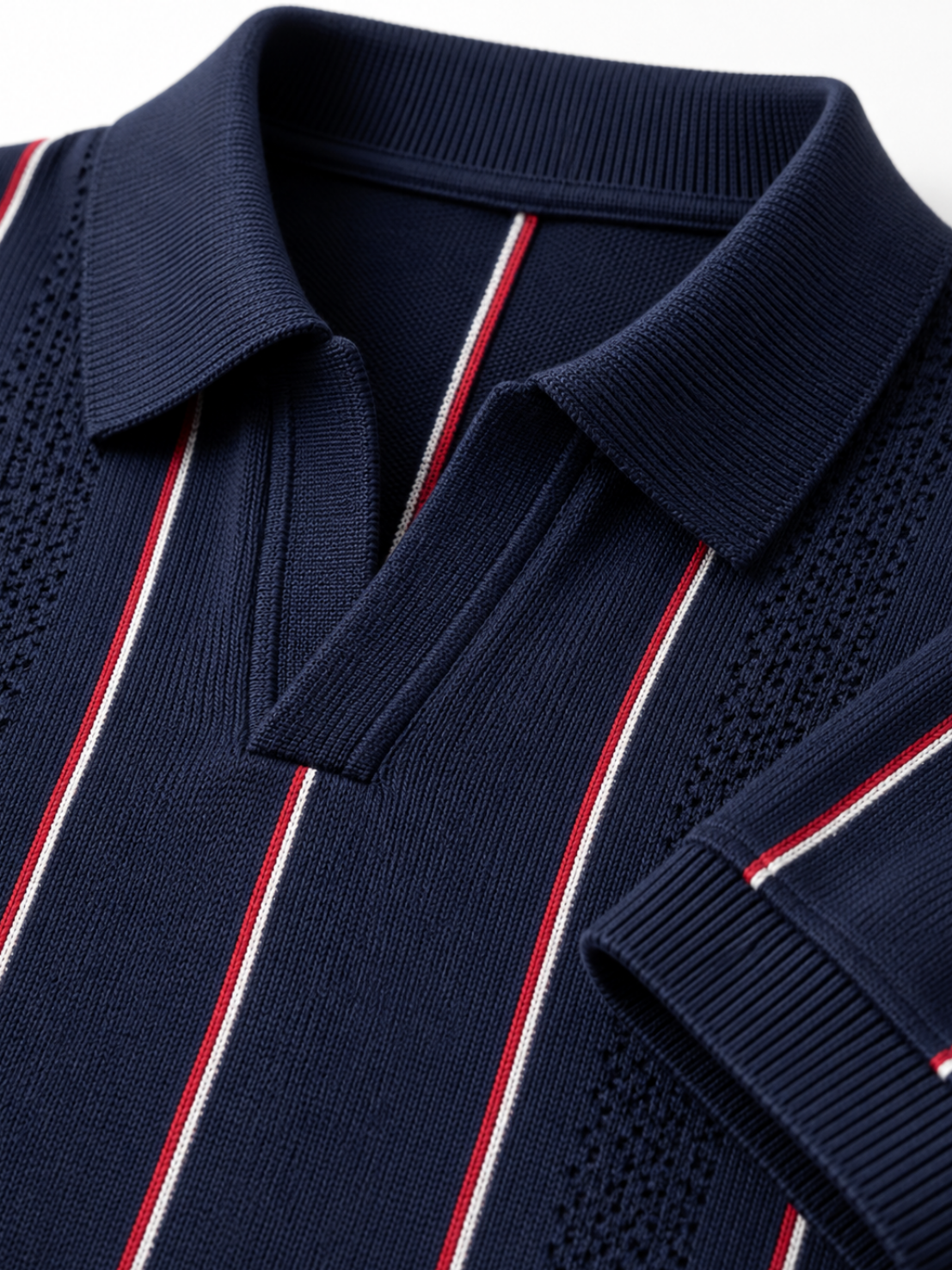 Harbor Vertical Stripe Knit Polo - Navy Blue by Cord Cult - detail view