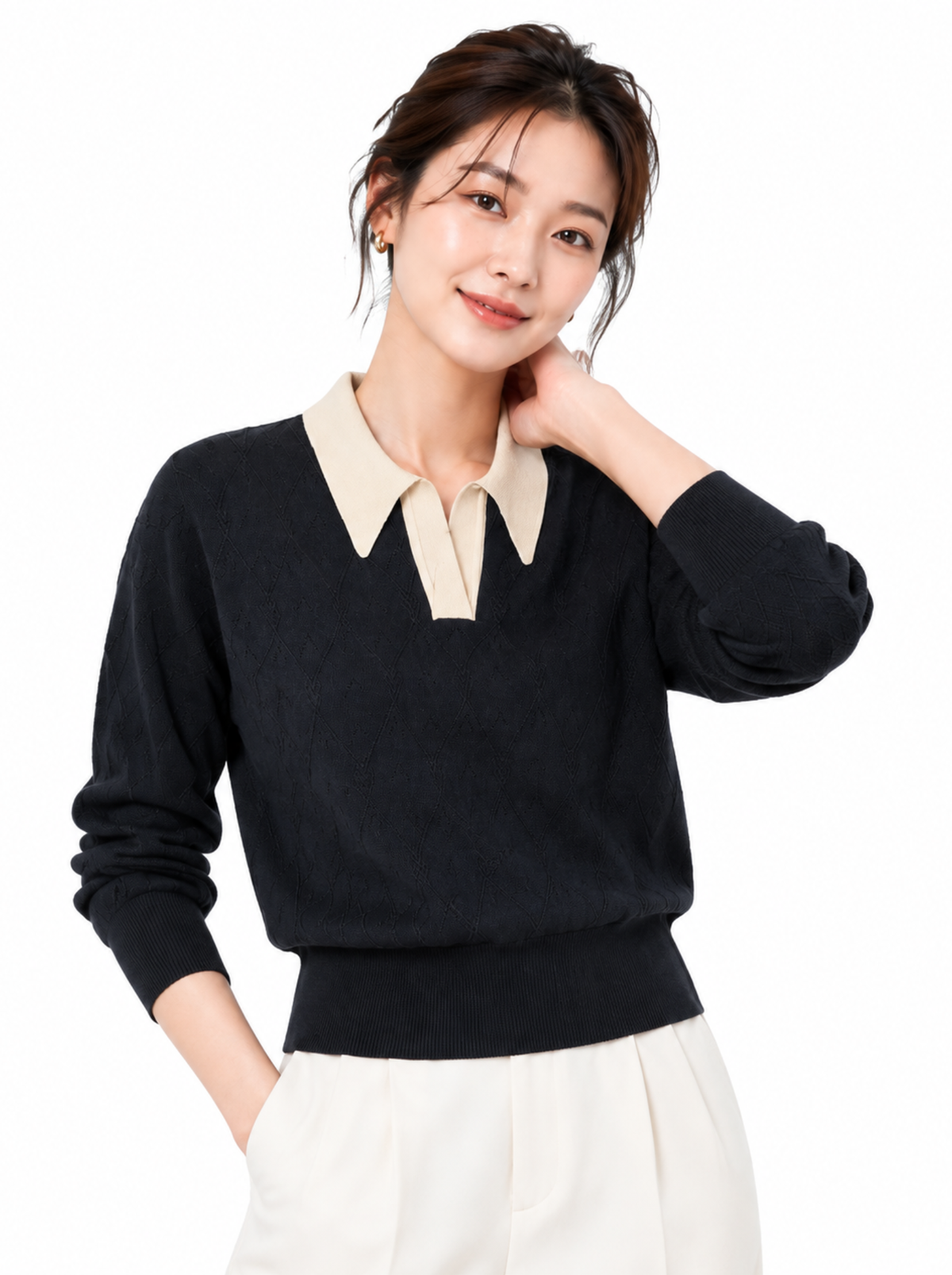 Noir Sand Contrast Collar Knit Pullover by Cord Cult - on-model view