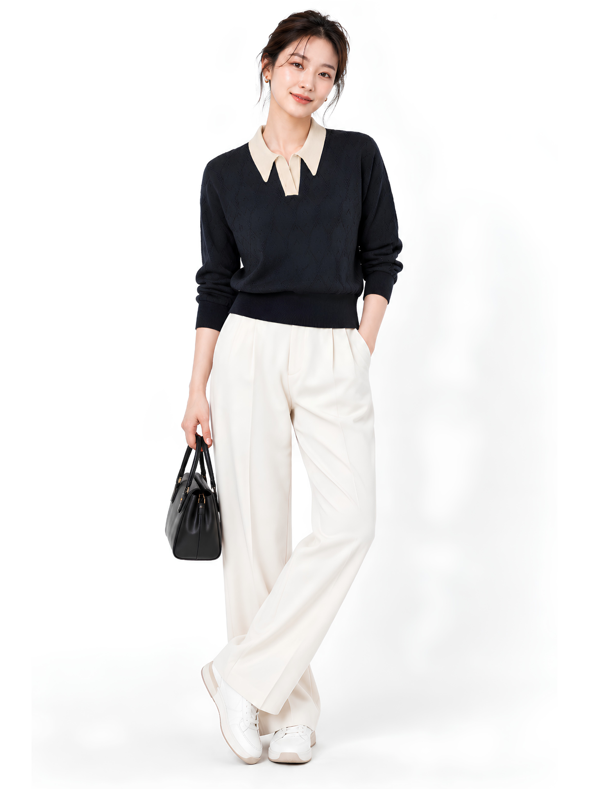 Noir Sand Contrast Collar Knit Pullover by Cord Cult - styled view