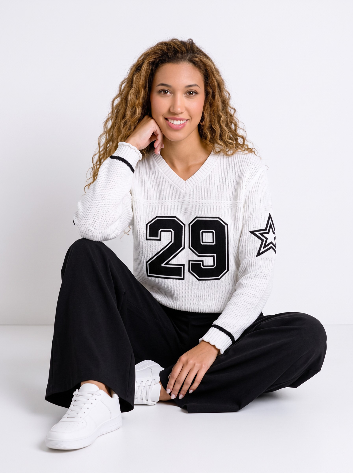 Northstar 29 V-Neck Varsity Knit Sweater - White by Cord Cult - styled view