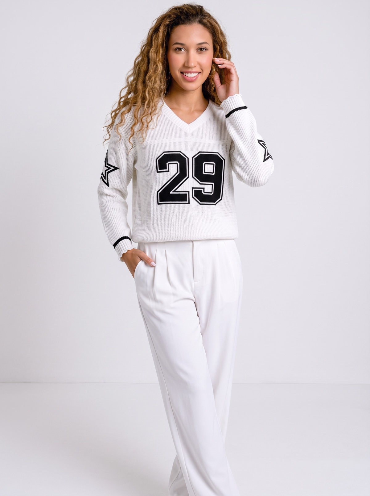 Northstar 29 V-Neck Varsity Knit Sweater - White by Cord Cult - full-length view