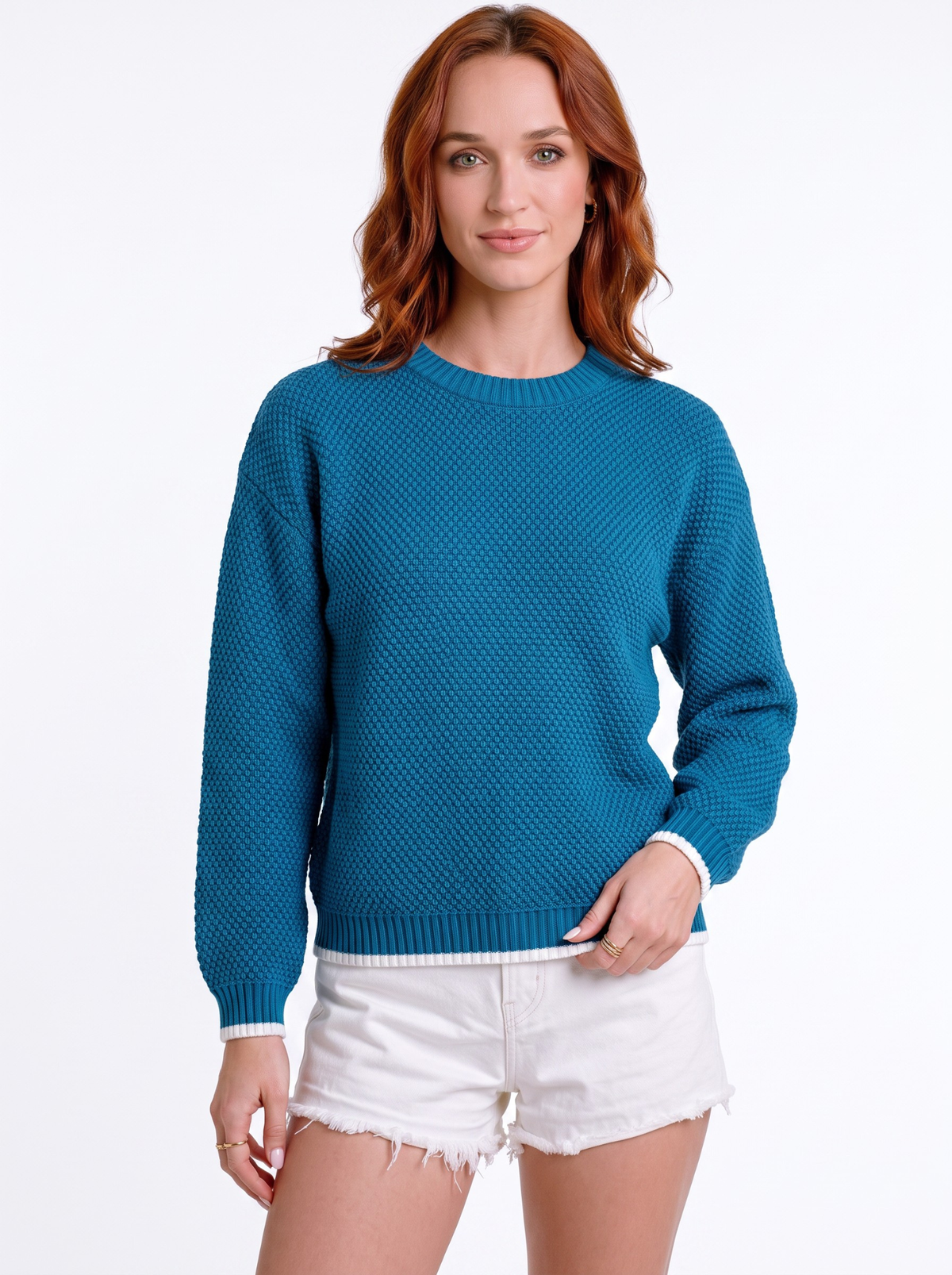 Ocean Grain Textured Crew Knit Sweater - Teal Blue by Cord Cult - on-model view