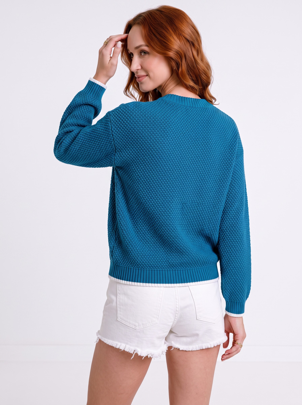 Ocean Grain Textured Crew Knit Sweater - Teal Blue by Cord Cult - back view