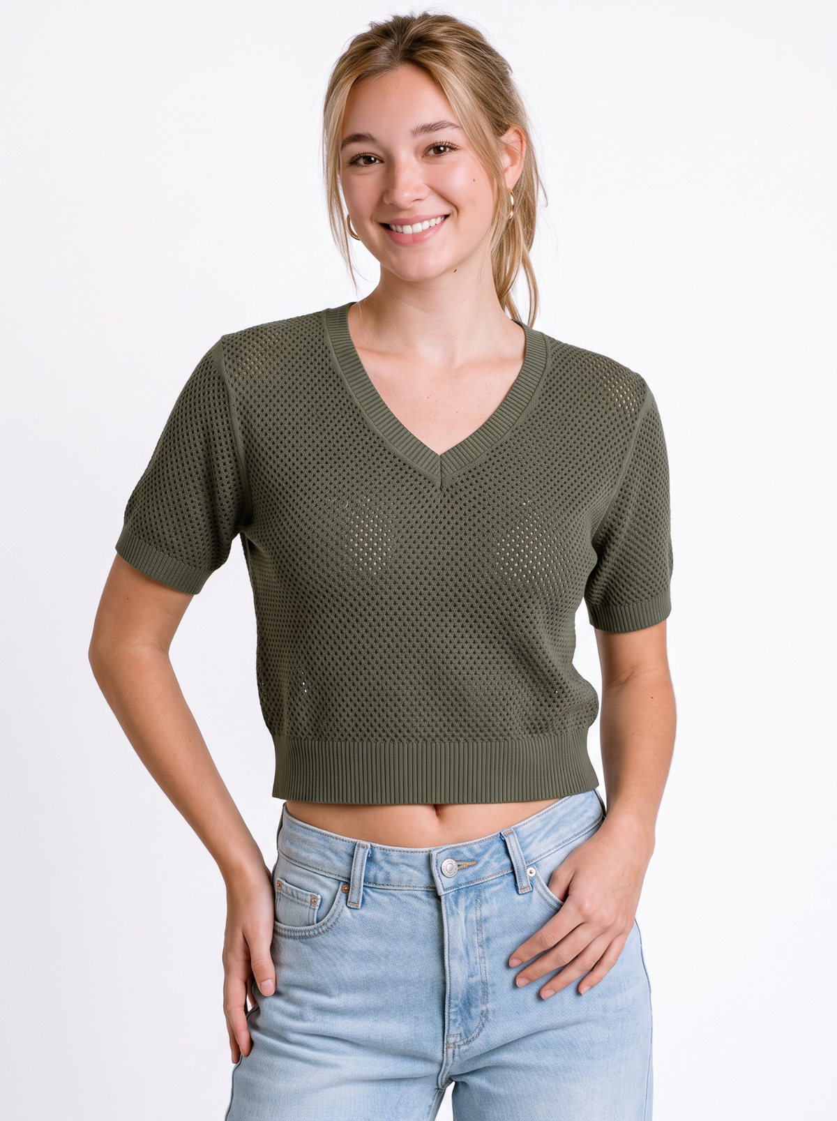 Olive Airweave V-Neck Knit Top by Cord Cult - on-model view