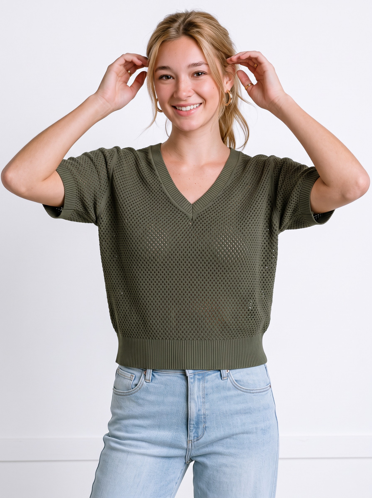 Olive Airweave V-Neck Knit Top by Cord Cult - side view