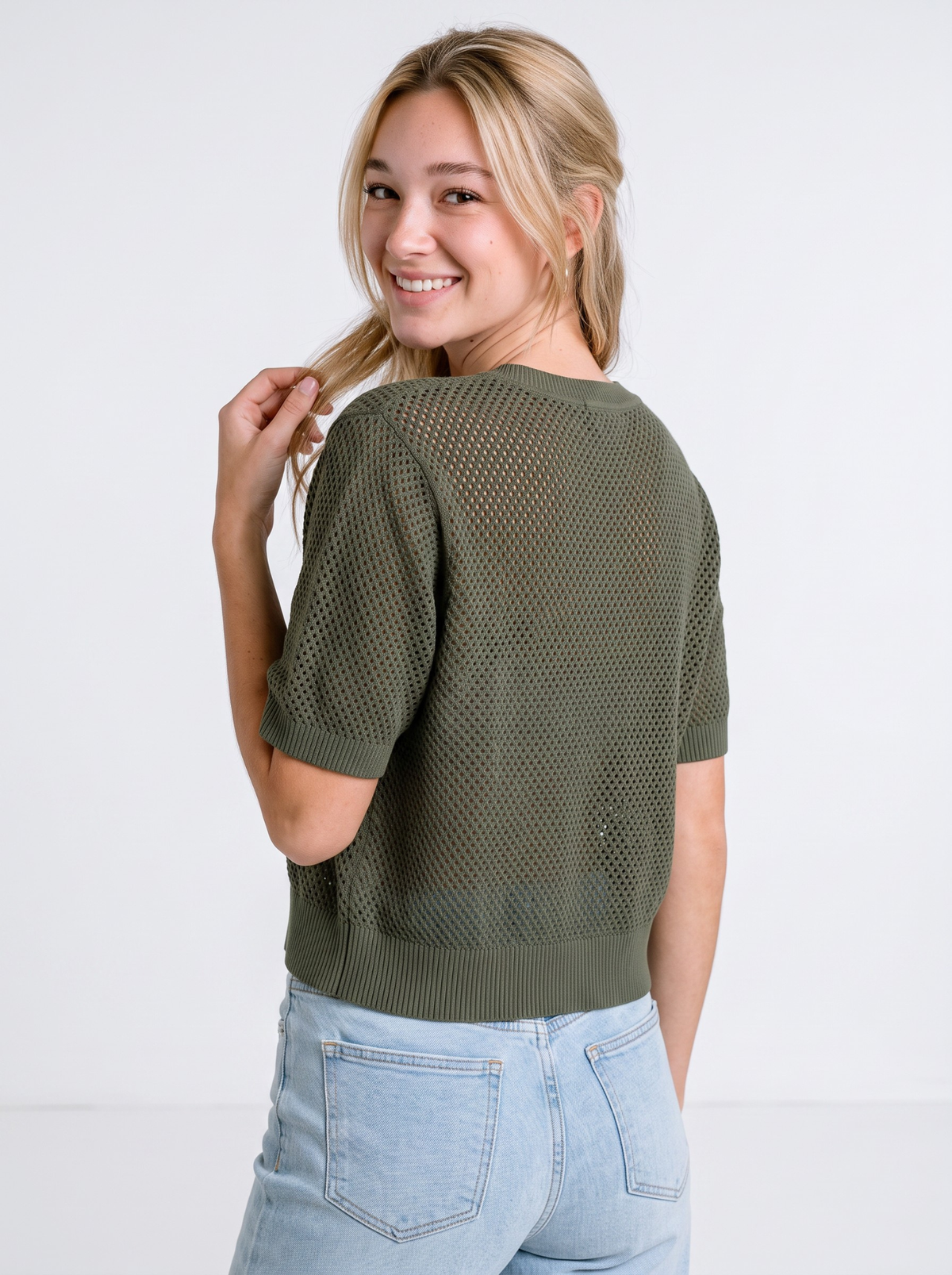 Olive Airweave V-Neck Knit Top by Cord Cult - back view