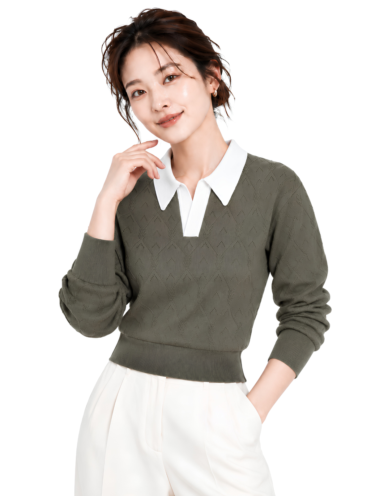 Olive Verse Point Collar Knit Pullover by Cord Cult - on-model view