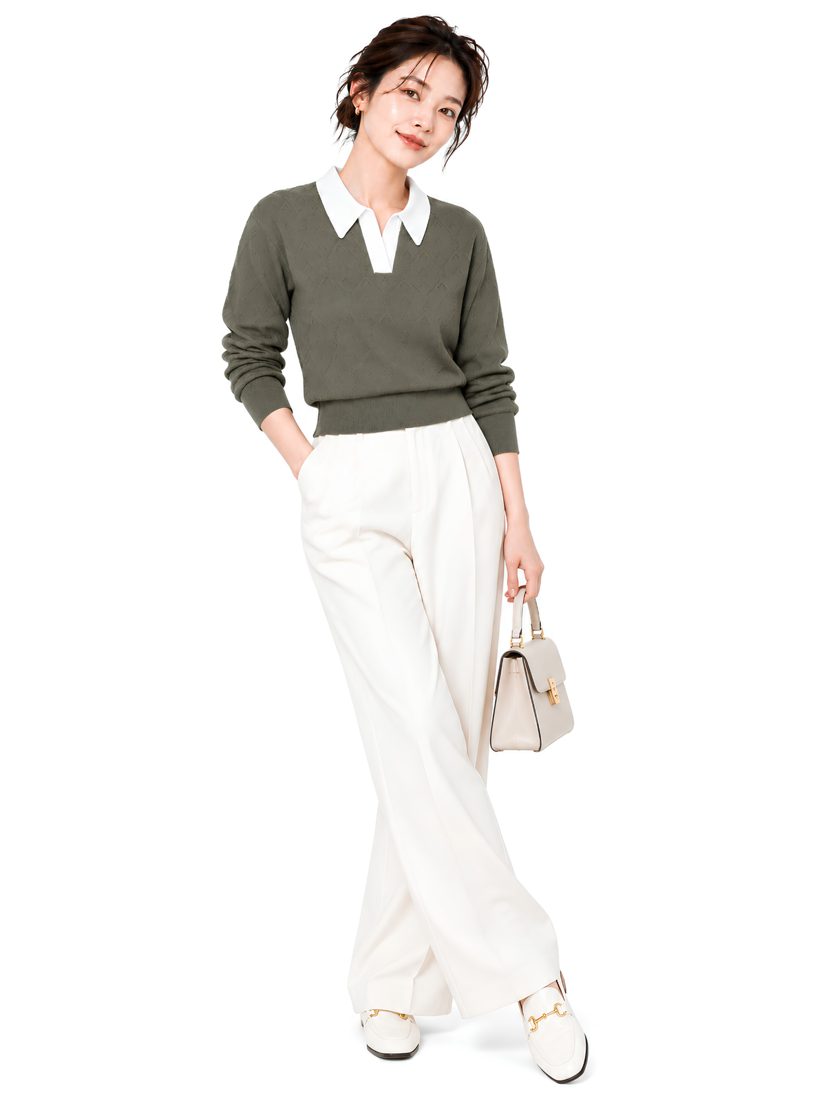 Olive Verse Point Collar Knit Pullover by Cord Cult - styled view