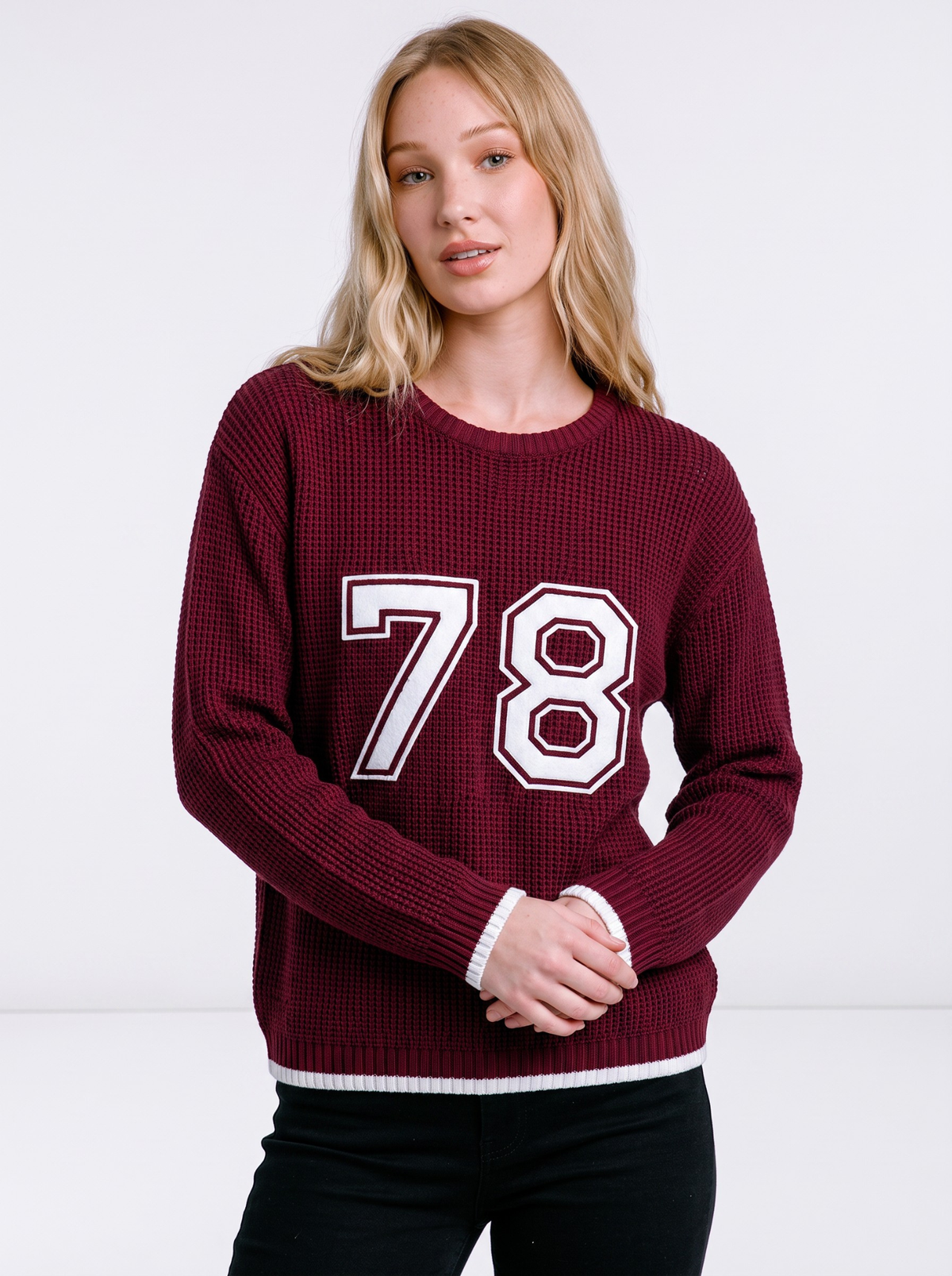 Oxblood 78 Campus Knit Sweater by Cord Cult - on-model view