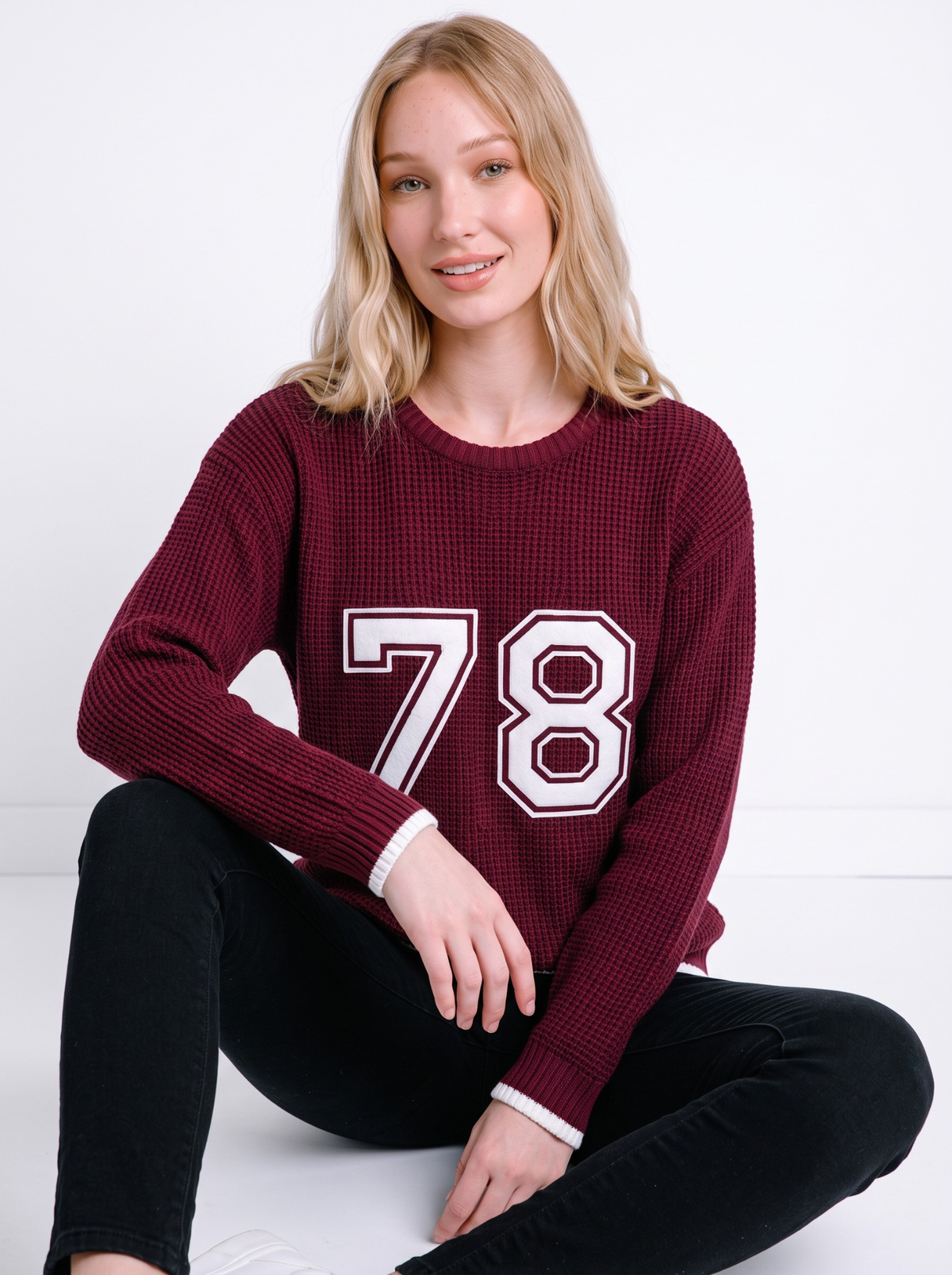 Oxblood 78 Campus Knit Sweater by Cord Cult - styled view