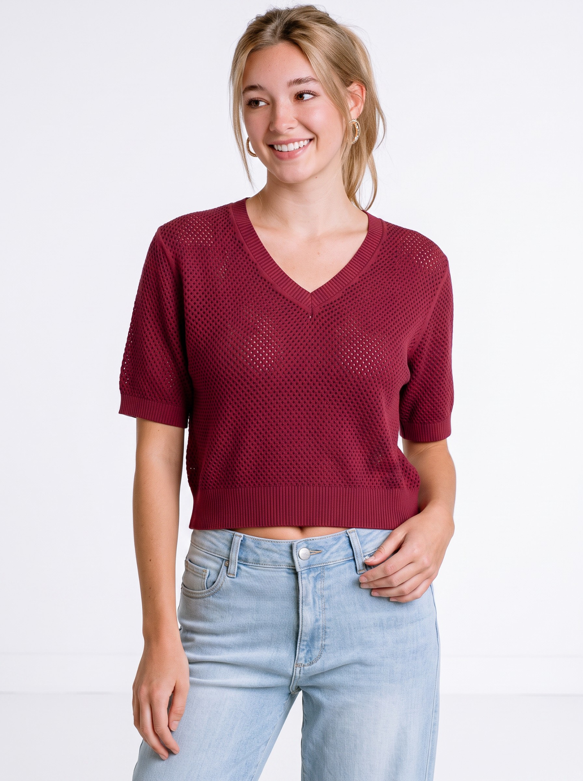 Rouge Open Stitch V-Neck Knit Top by Cord Cult - on-model view
