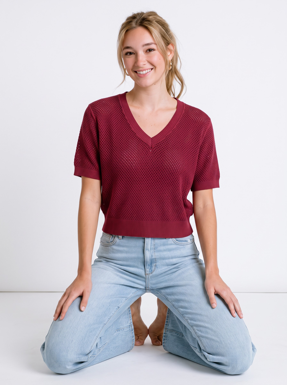 Rouge Open Stitch V-Neck Knit Top by Cord Cult - styled view