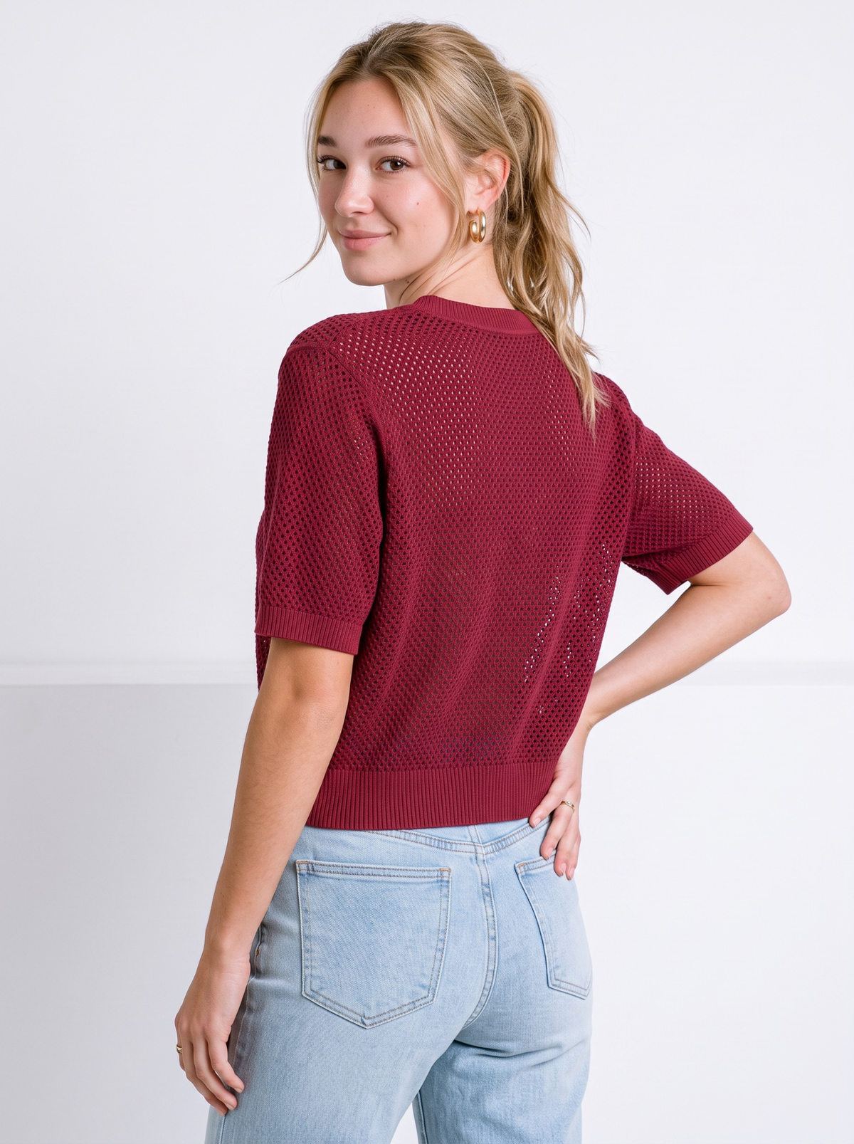 Rouge Open Stitch V-Neck Knit Top by Cord Cult - back view
