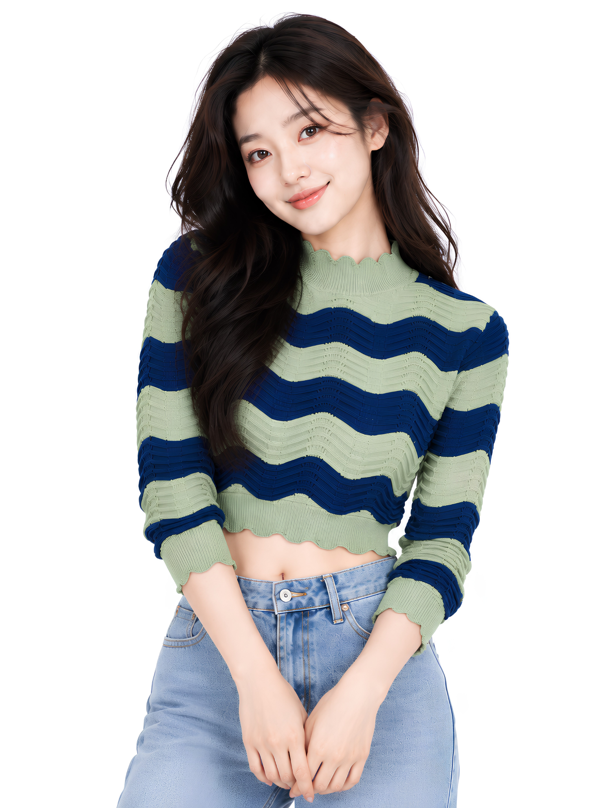 Sage Circuit Wave Knit Crop Top - Sage & Navy by Cord Cult - on-model view