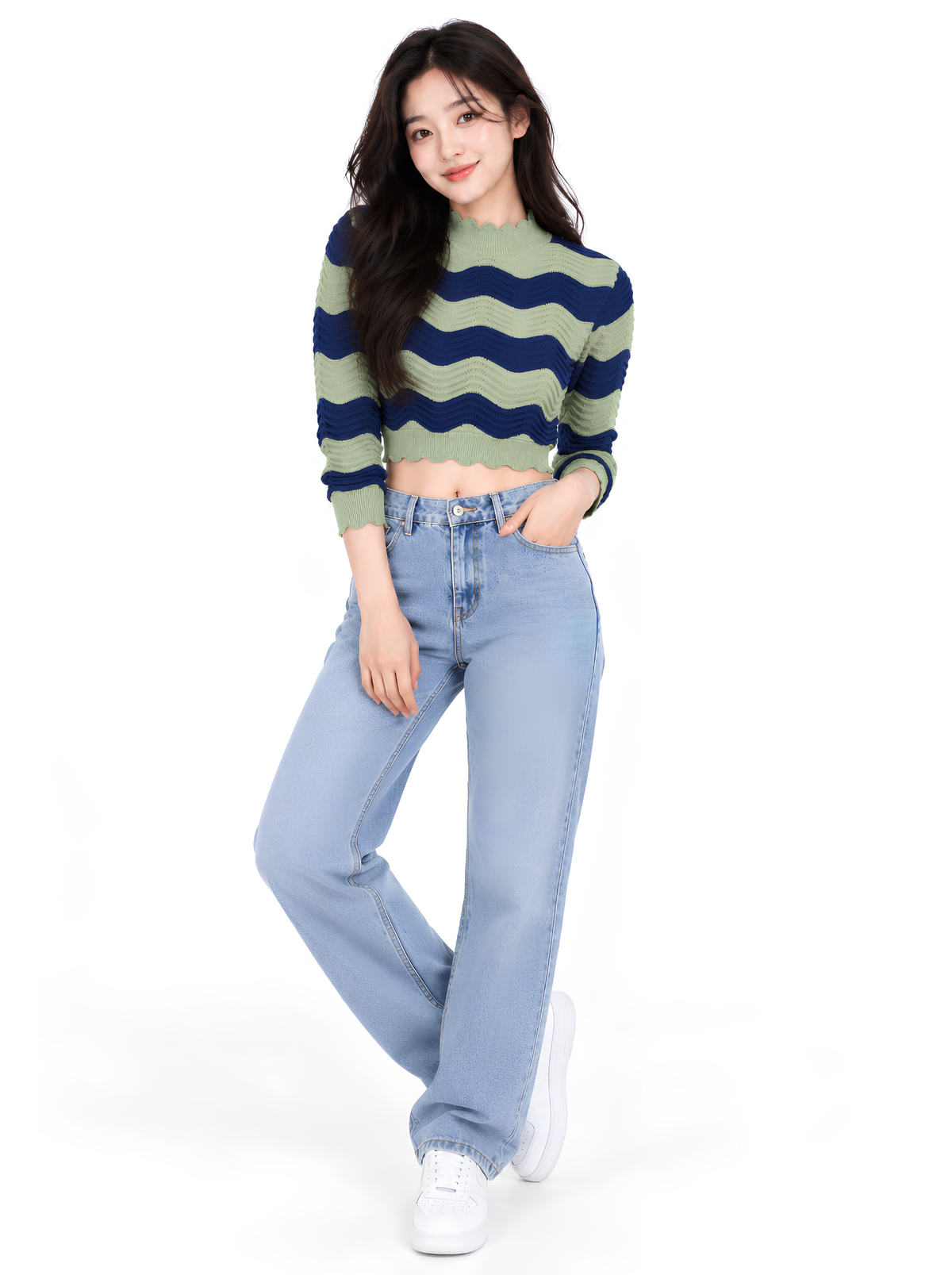 Sage Circuit Wave Knit Crop Top - Sage & Navy by Cord Cult - styled view
