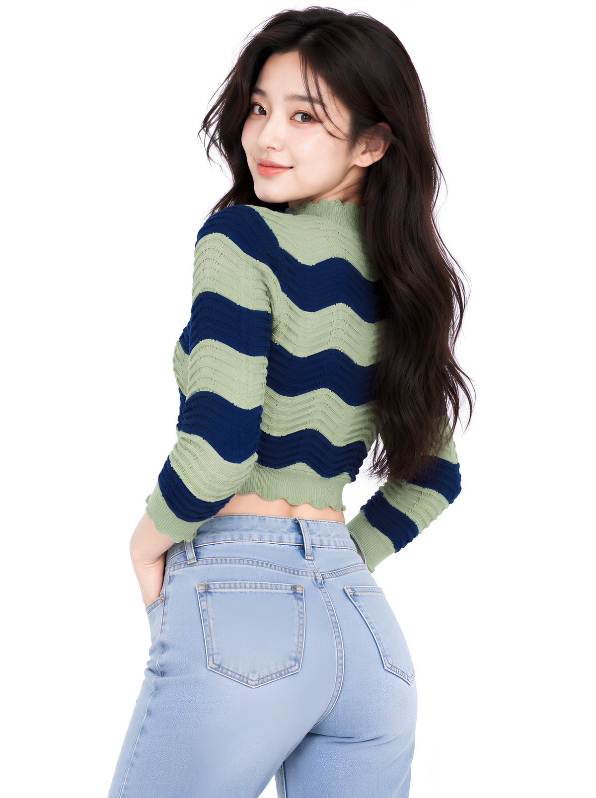 Sage Circuit Wave Knit Crop Top - Sage & Navy by Cord Cult - back view