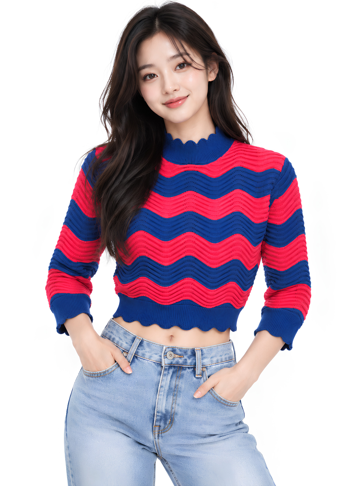 Signal Tide Wave Knit Crop Top - Red & Navy by Cord Cult - on-model view