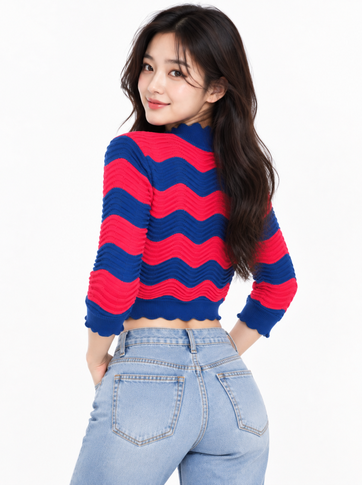 Signal Tide Wave Knit Crop Top - Red & Navy by Cord Cult - back view