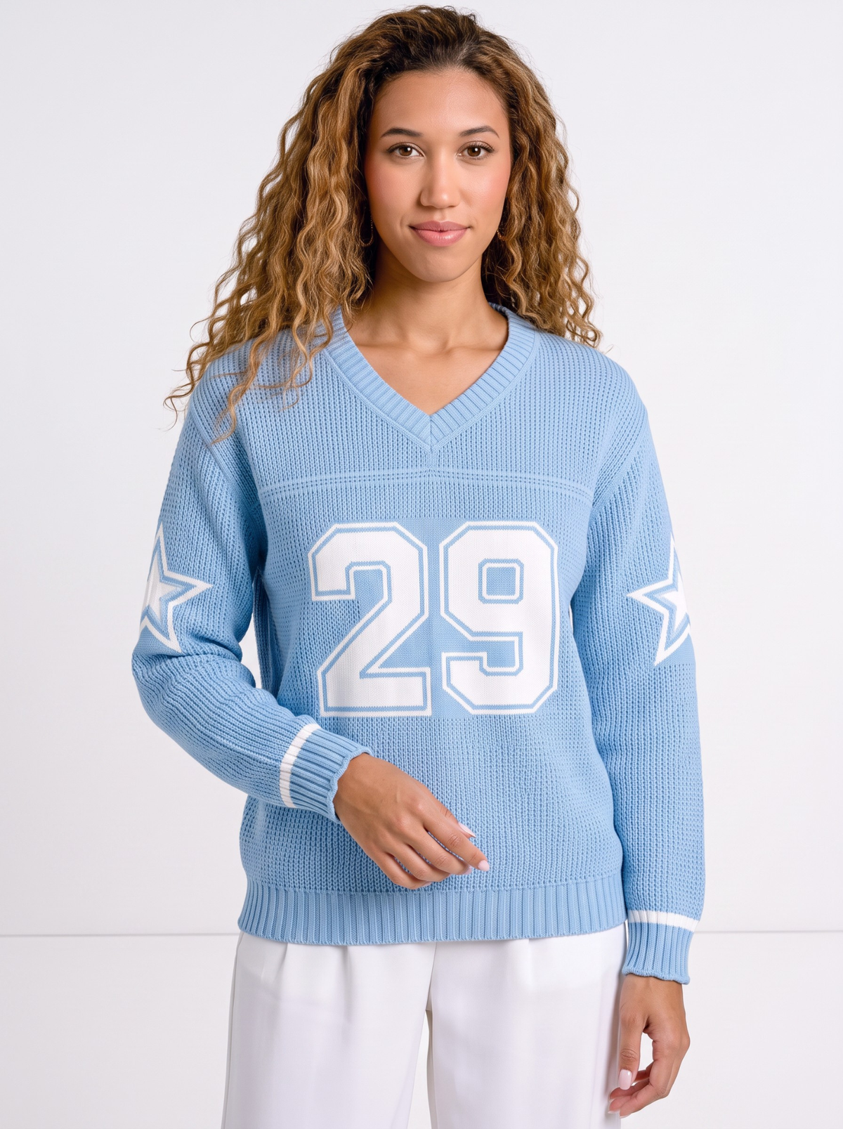 Skyline 29 V-Neck Varsity Knit Sweater - Powder Blue by Cord Cult - on-model view