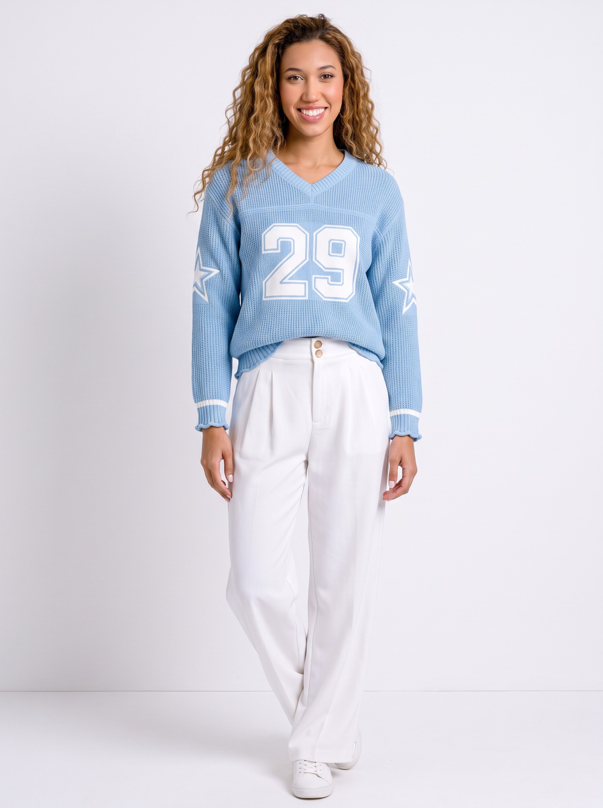 Skyline 29 V-Neck Varsity Knit Sweater - Powder Blue by Cord Cult - full-length view