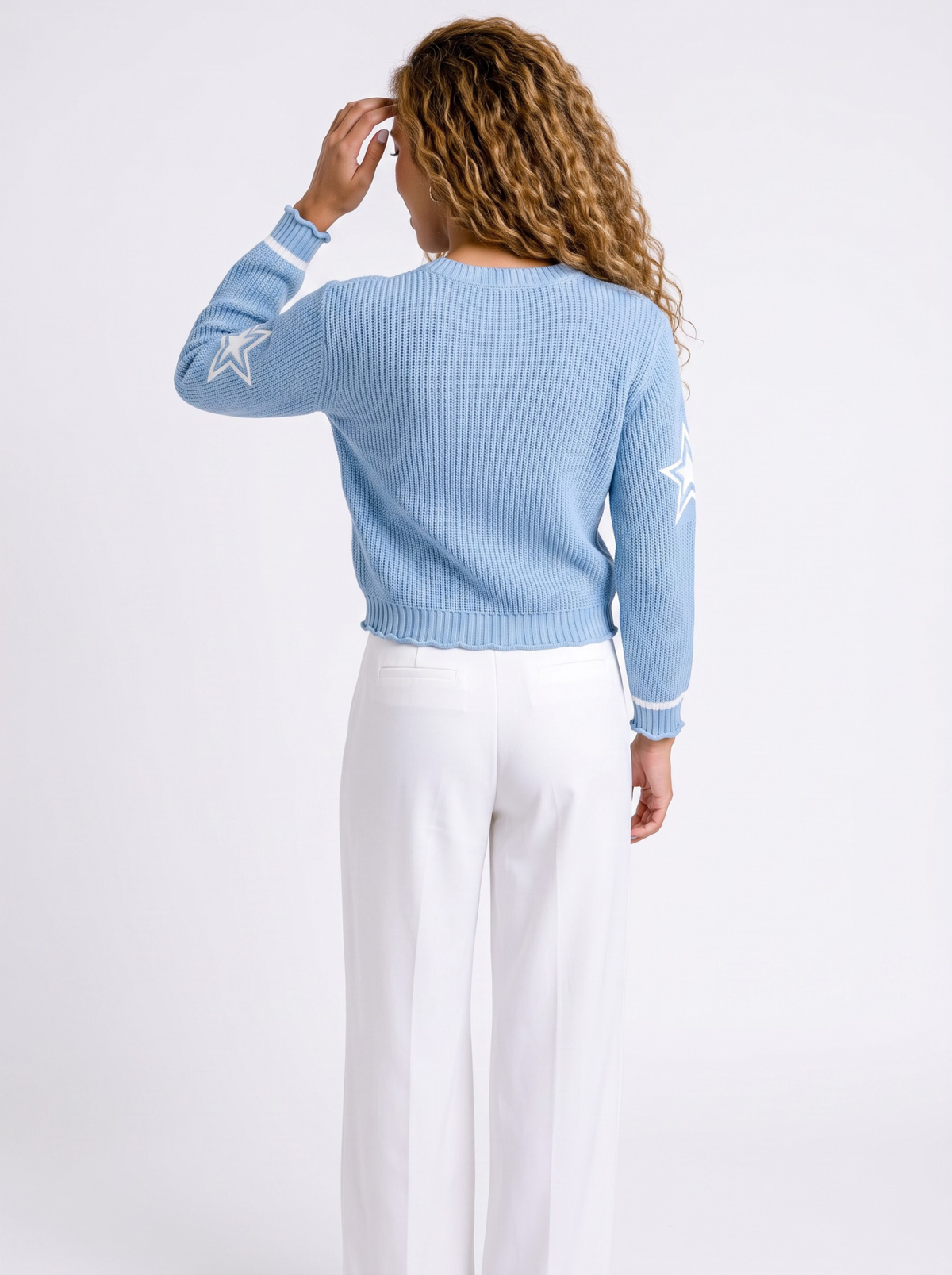 Skyline 29 V-Neck Varsity Knit Sweater - Powder Blue by Cord Cult - back view