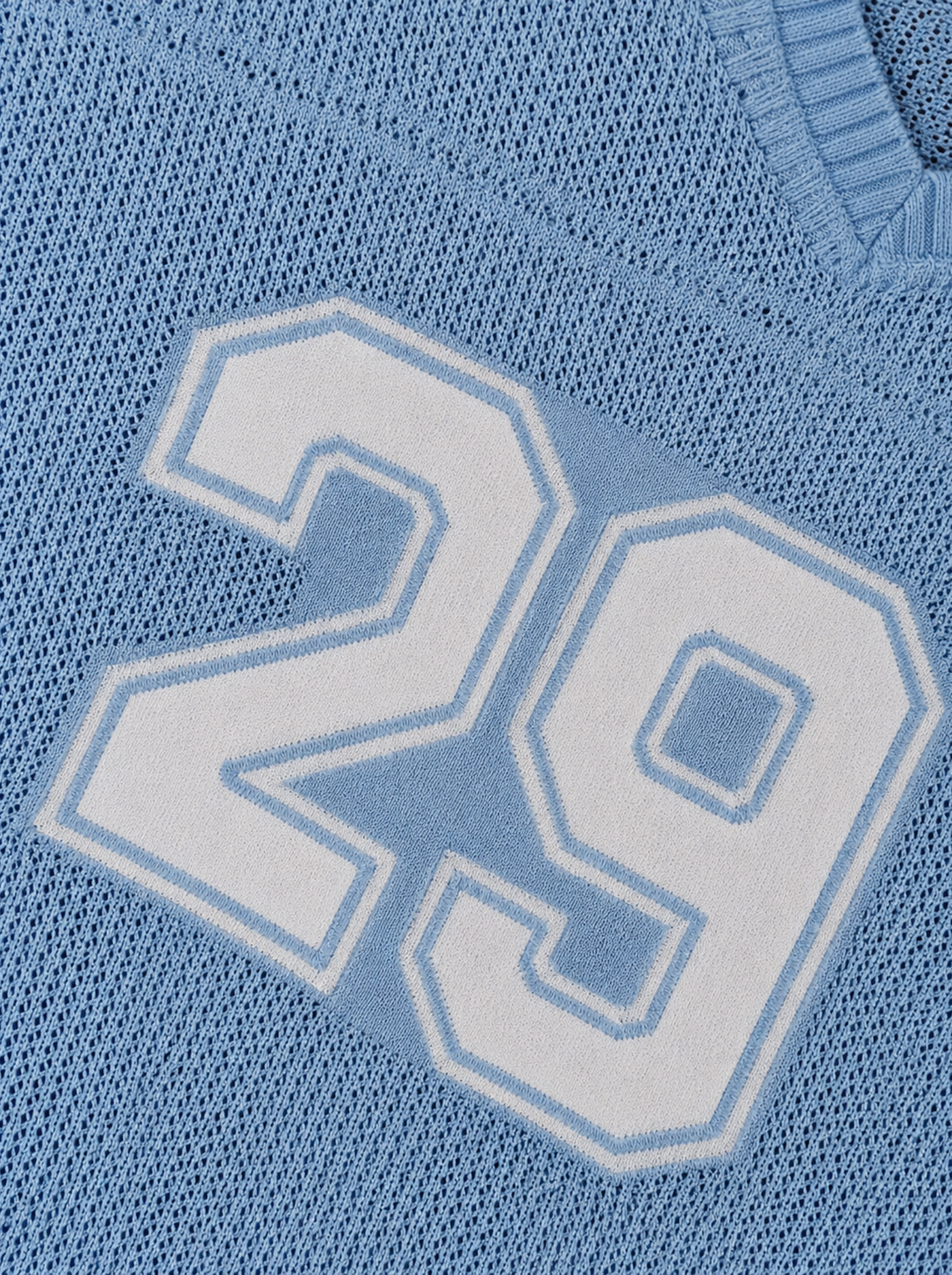 Skyline 29 V-Neck Varsity Knit Sweater - Powder Blue by Cord Cult - knit detail view