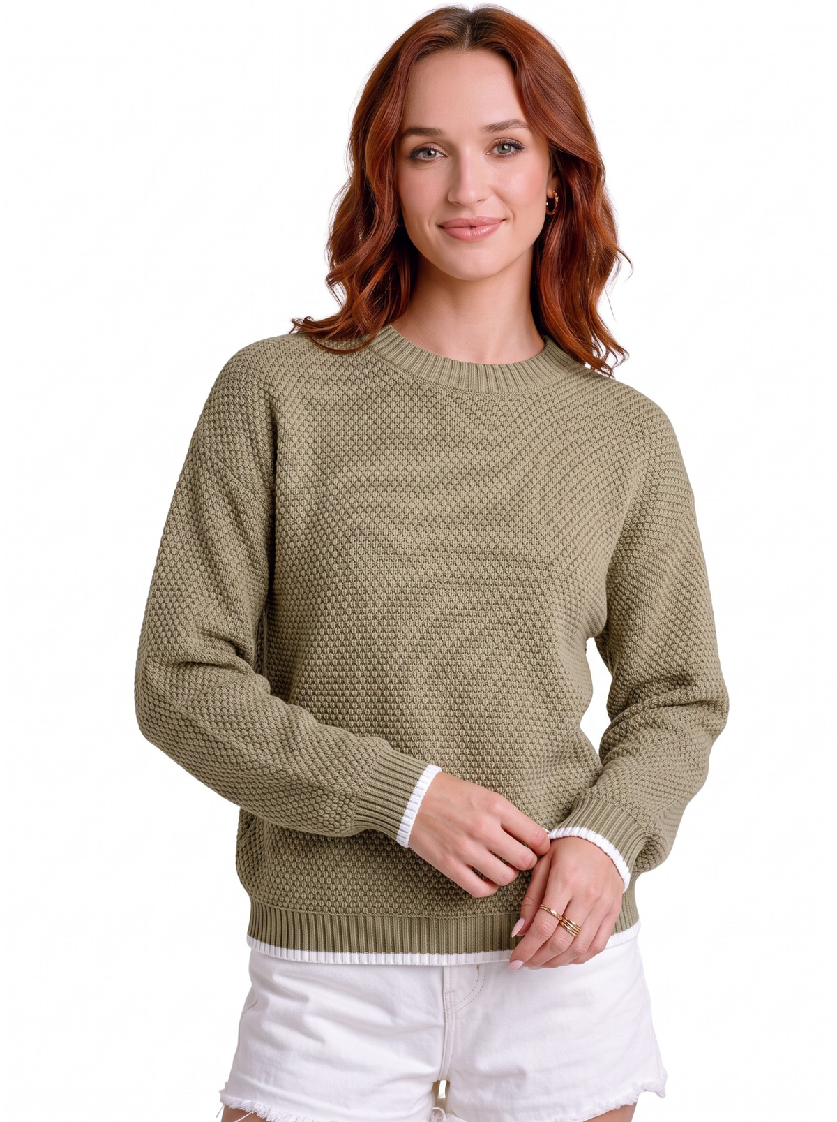 Stone Olive Textured Crew Knit Sweater - Olive & Taupe by Cord Cult - on-model view