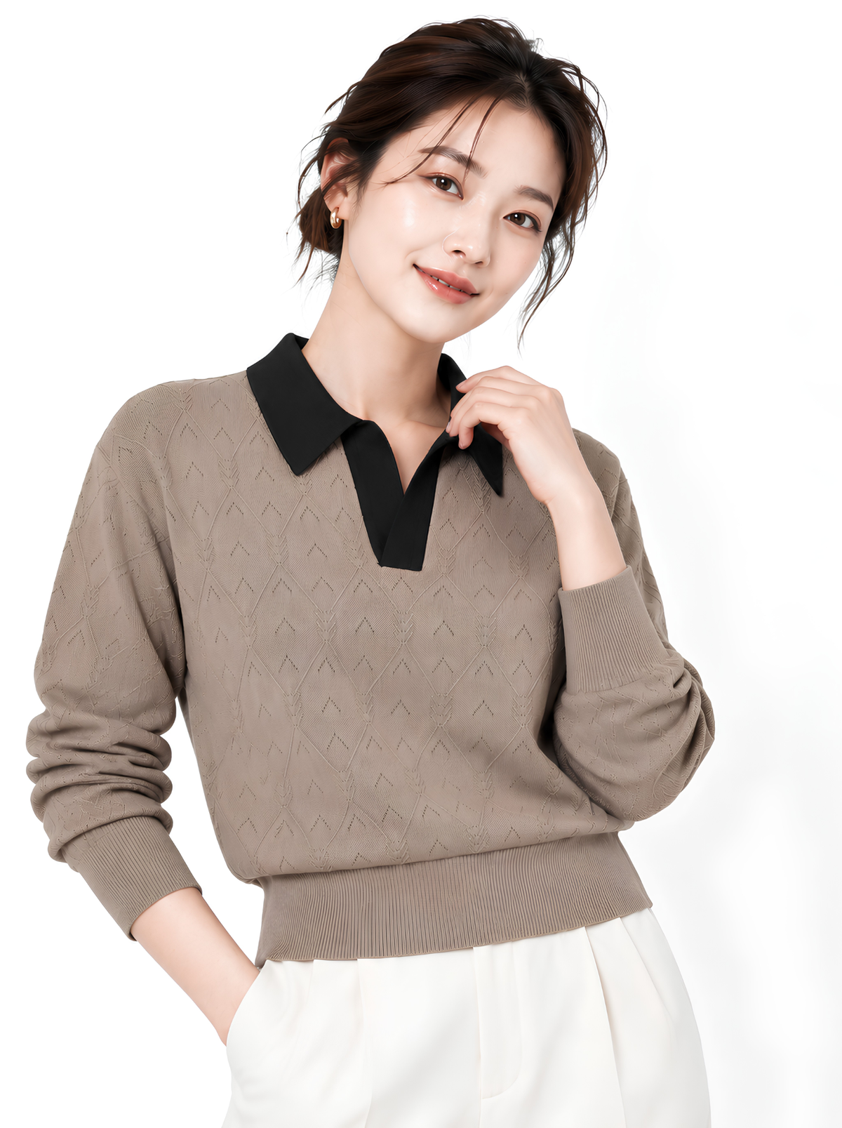 Taupe Noir Contrast Collar Knit Pullover by Cord Cult - on-model view