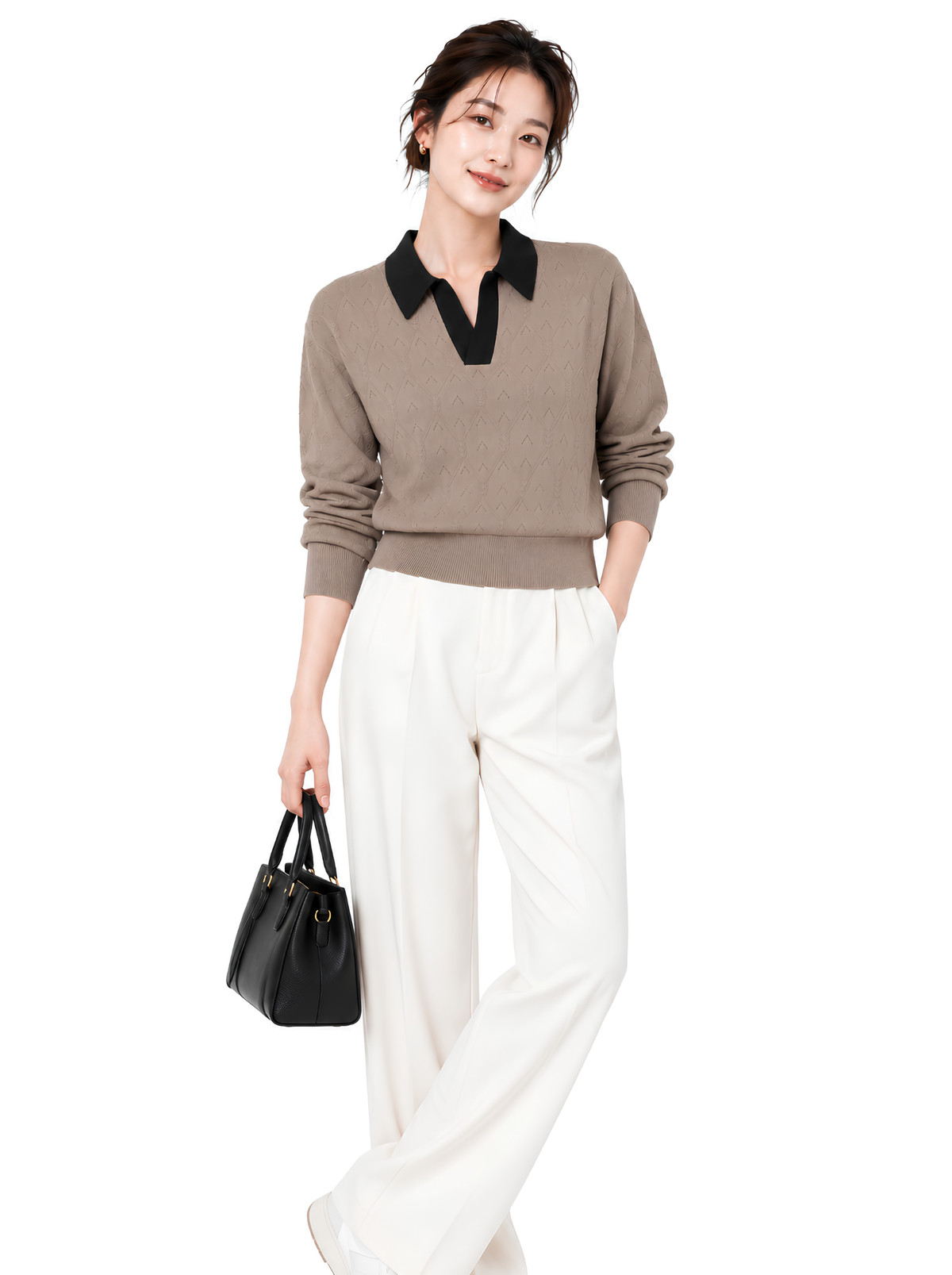 Taupe Noir Contrast Collar Knit Pullover by Cord Cult - styled view