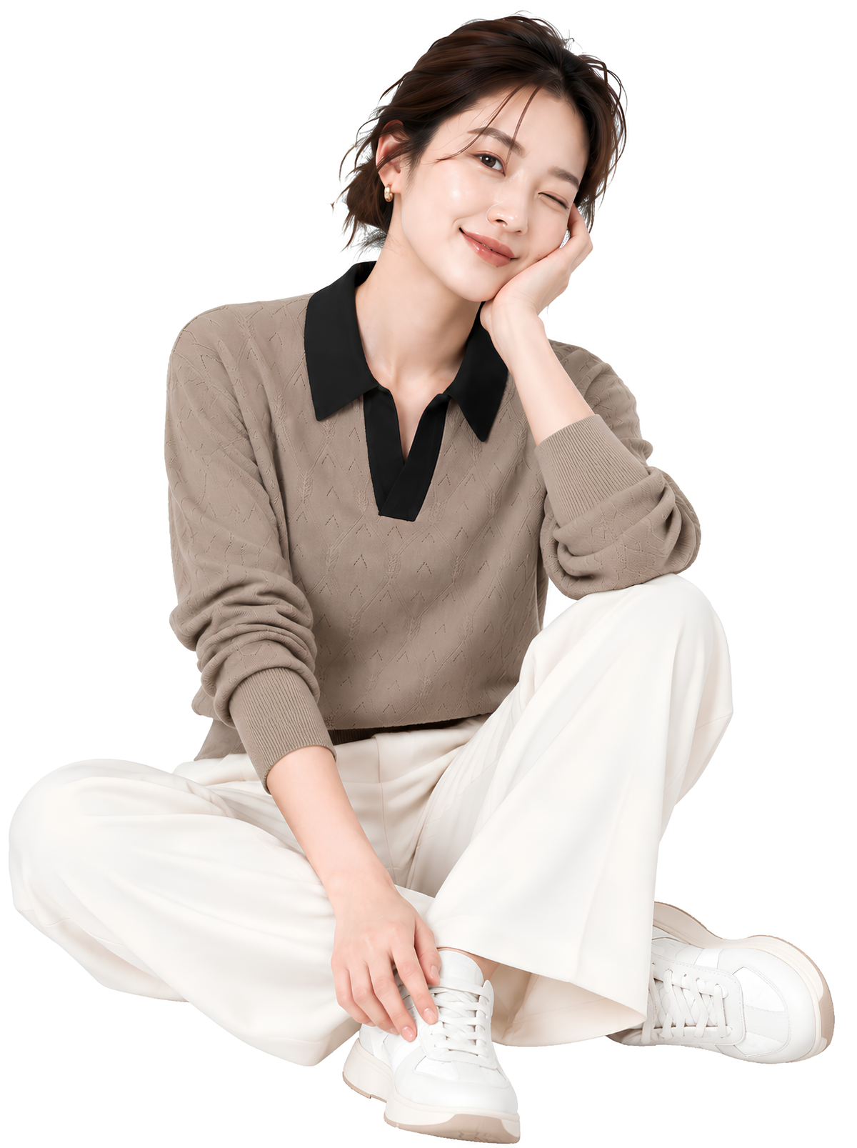 Taupe Noir Contrast Collar Knit Pullover by Cord Cult - side view