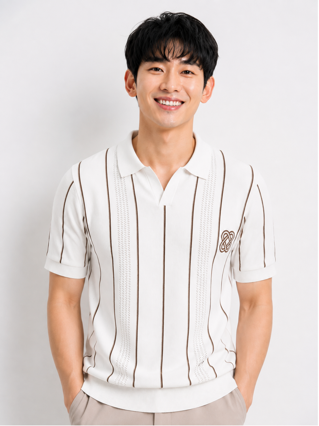 White Tide Vertical Stripe Knit Polo - White by Cord Cult - on-model view