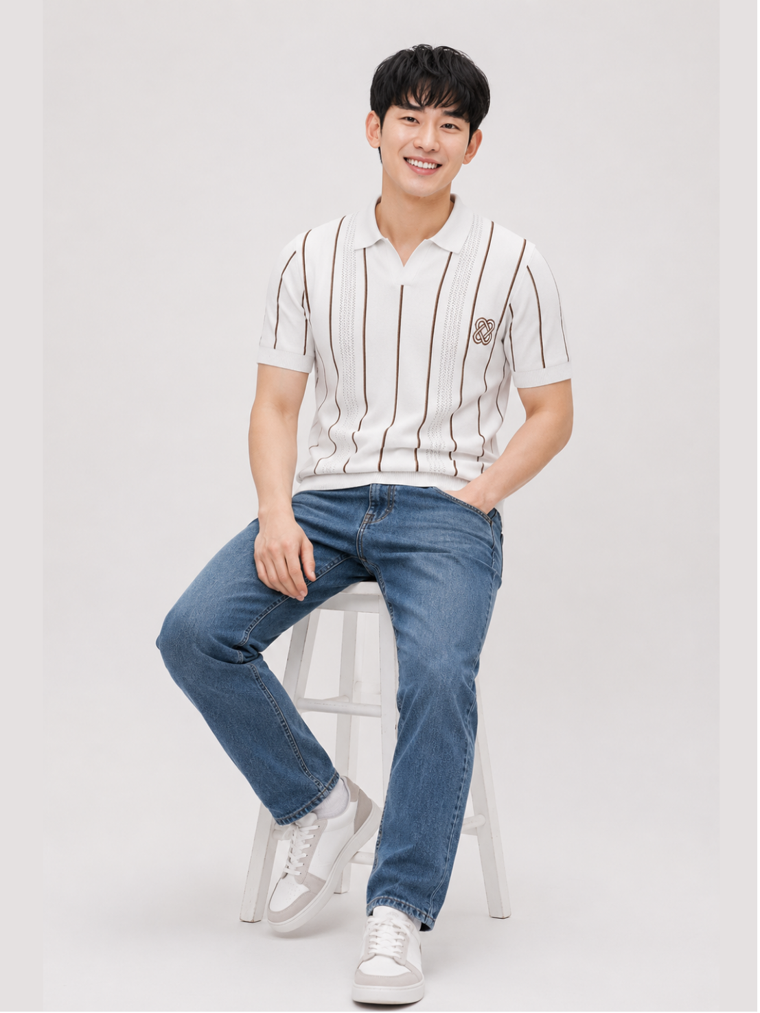 White Tide Vertical Stripe Knit Polo - White by Cord Cult - styled view