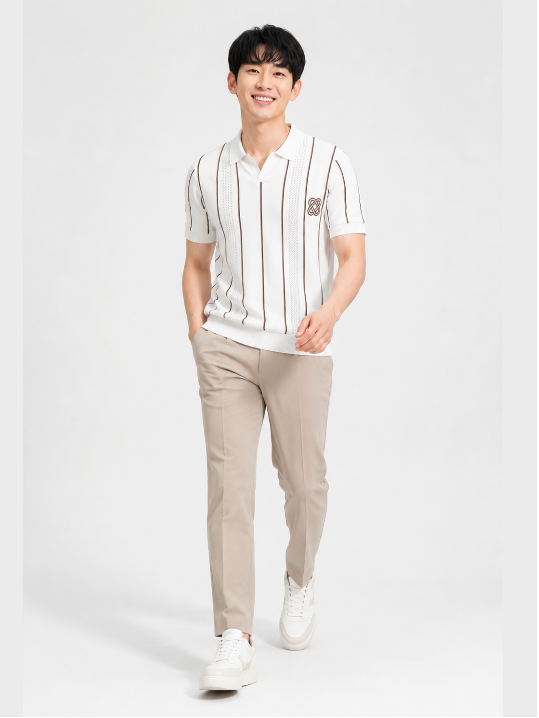 White Tide Vertical Stripe Knit Polo - White by Cord Cult - side view